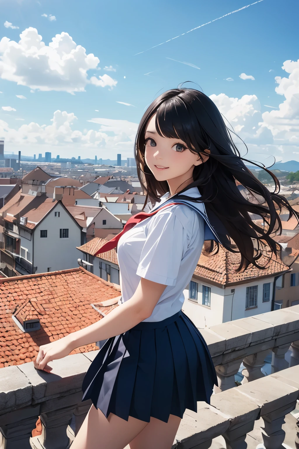 very cute and beautiful school girl,teen,(highly detailed beautiful face and eyes:1.2),
smile,black hair,seifuku,(pleated navy blue mini skirt),dynamic pose,dynamic angle,looking at viewer,
many european houses with red roof,(town overview:1.2),
(best quality,masterpiece:1.2),intricate details,extremely detailed,ultra-detailed,8k resolution,solo,hair fluttering in the wind,beautiful detailed sky,