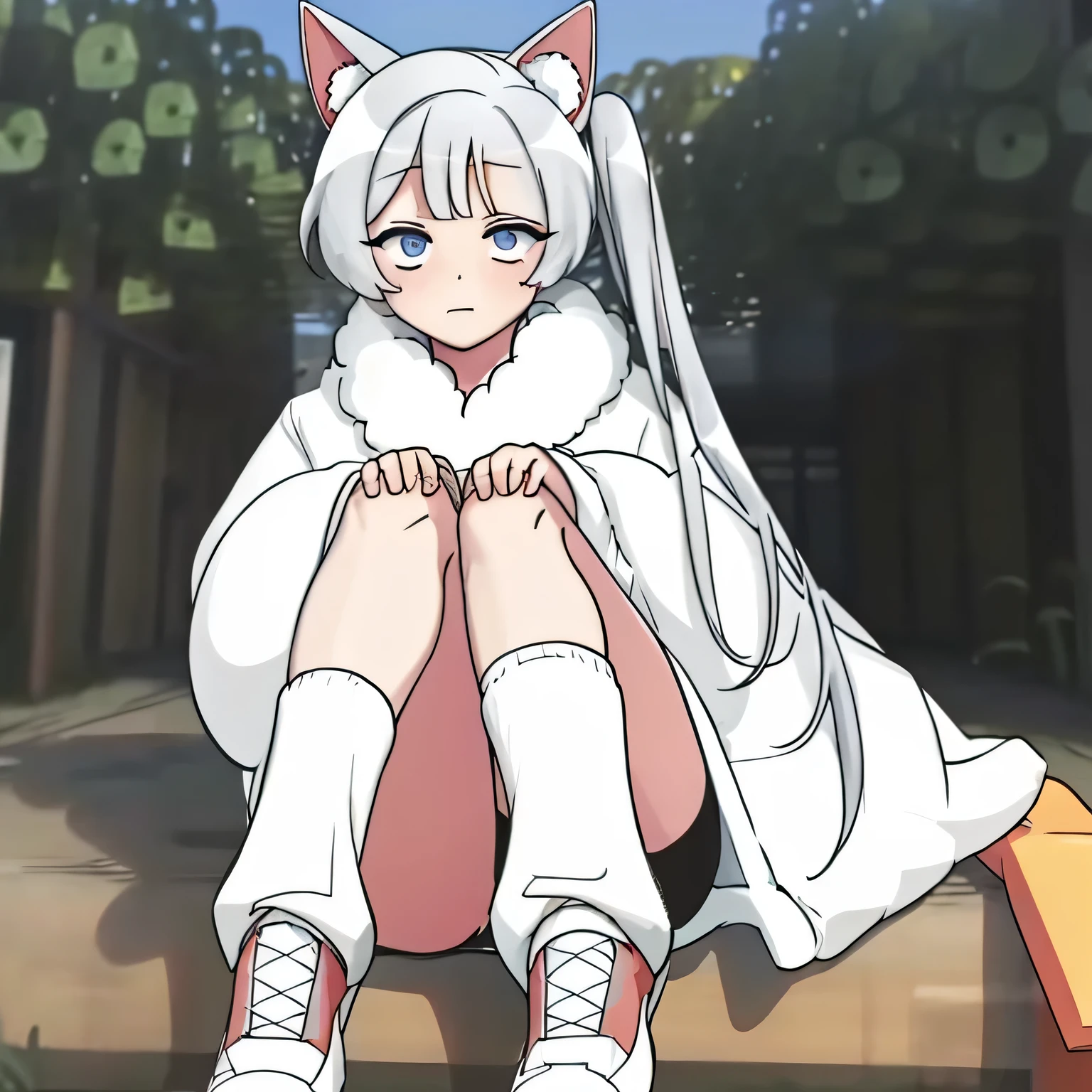 (masterpiece, best quality:1.2),1girl,solo,upper body,cowboy shot,1girl,solo,long_hair,bangs,blue_eyes,animal_ears,white_hair,dog_ears,side_ponytail,coat,animal_ear_fluff,white_coat,long_sleeves,tail,shoes,shorts,socks,bike_shorts,sneakers,