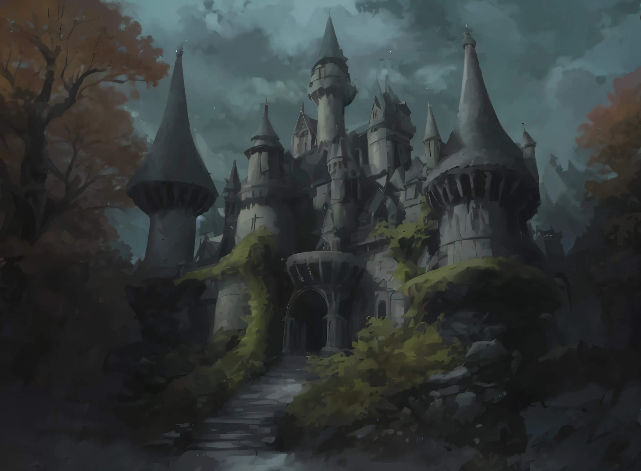 ultra - detailed, tmasterpiece,the good,Fairytale,deep shaping,A lot of detail,ultraclear,There are flowers in front of the castle、tussock,Mysterious castle in the forest,Hand drawn thick lacquer style,Cinematic texture,