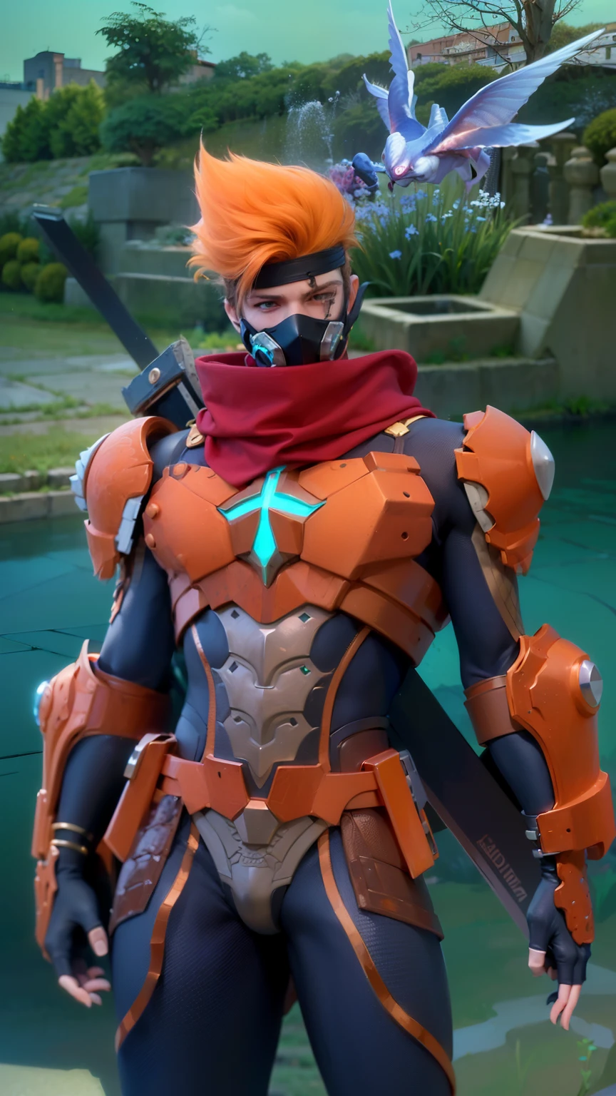 masculine male, masterpiece, ((perfect eyeest quality, (semirealism:1.9), beautiful lighting, (extremely detailed CG unity 4k fhd wallpaper), High Detail, Sharp focus, dramatic outdoors, 1 boy ,19 years old, orange hair, light purpel eyes, smile, Attractive profile picture, masterpiece, ultra-precise rendering, beautiful and cool young man, trustworthy, dependable young man, savior of the world, design, most beautiful image, 4K, light green eyes, the color of the clothes is the same as the original, demon ninja, demon armor.