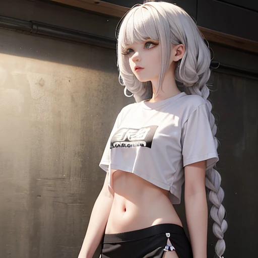 a girl with platinum hair, curly hair, double braids, serious expression, very short t-shirt, thin white t-shirt, t-shirt without prints, translucent fabric, visible belly, very short black miniskirt