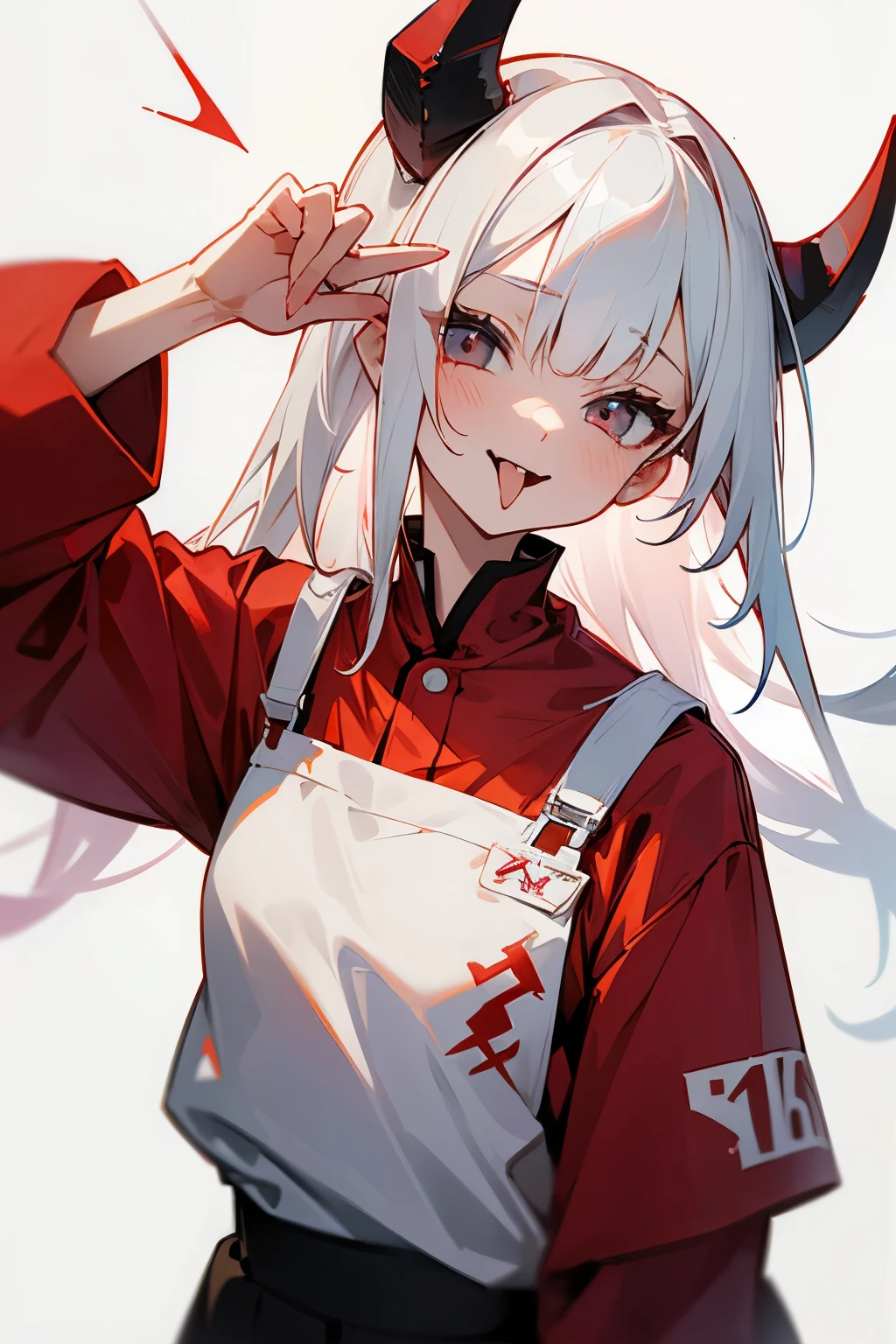 white-haired girl、Red shirt、sticking out the tongue、horns grow