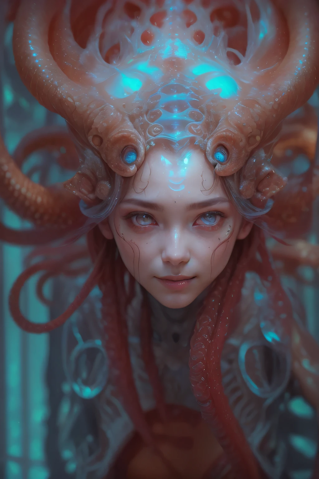 Portrait, (1 beautiful female alien:1.2), ((There is a female genital-like organ in the middle of the forehead:1.9)), (The most beautiful face in the history of the universe:1.2), (Scarlet eyes that shine mysteriously:1.6), (Translucent skin:1.8), an evil gaze that seduces, (red eyes:1.5), (large mouth:1.1), sharp teeth like a shark, Full body like, (bio luminescent:1.2), (Smile wickedly:1.3), (sexypose:1.5), alien, No humans, cells are fused, (Lots of translucent tentacles:1.1) (Translucent skin:1.3), extraterrestrial, cell, bio image, Best Quality, 8K,4K_quality, High Definition, Dramatic Lighting, masutepiece:1.5,cinematic quality, detail up, (Intricate details:1.2), High resolution, High Definition, drawing faithfully, (Thick eyebrows:1.2), Beautiful eyes with fine symmetry, (Ultra detailed eyes:1.2),(Highly detailed face and eyes:1.2), (High-resolution red-eye:1.4), Intimate face, (Super detailed skin quality feeling:1.4), Perfect Anatomy, (Beautiful toned body:1.5), (Moist skin:1.2), No makeup, (dark circles:1.1), long canines, cinematic drawing of characters, ultra high quality model, cinematic quality, detail up, (Intricate details:1.2), High resolution, High Definition, drawing faithfully, Official art, Unity 8K wall , 8K Portrait, Best Quality, Very High resolution, ultra detailed artistic photography, midnight aura, unreal enginee 5, Ultra Sharp Focus, art by alberto seveso, ArtGerm, Roisch, intricate artwork, best quality, masutepiece, ultra High resolution, (photos realistic:1.4), Ultra-realistic realism, dream-like, nautilus, Creation of fantasy, Snail, Dream Snail, (biopunk nautilus:1.3), Thrilling color schemes, Ultra-realistic realism, seductively smiling, Blue tentacles, Creatures that mimic humans
