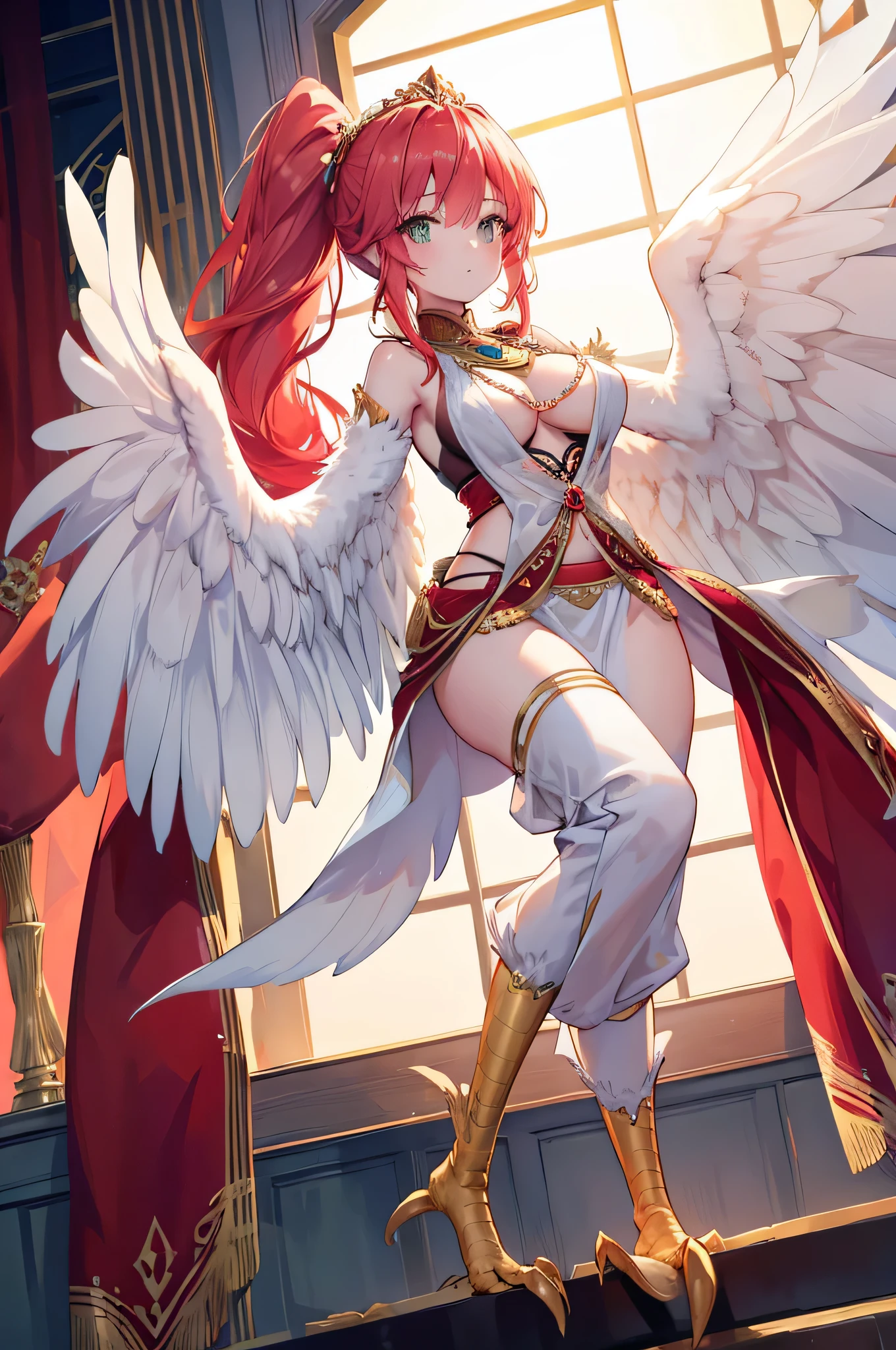 4K,hight resolution,One Woman,Harpy,Bright red hair,Long ponytail,Green eyes,Colossal tits,one white winged,golden toenails,arabian princess,white arabic dancer clothes,Princess tiara,Arabian palaces