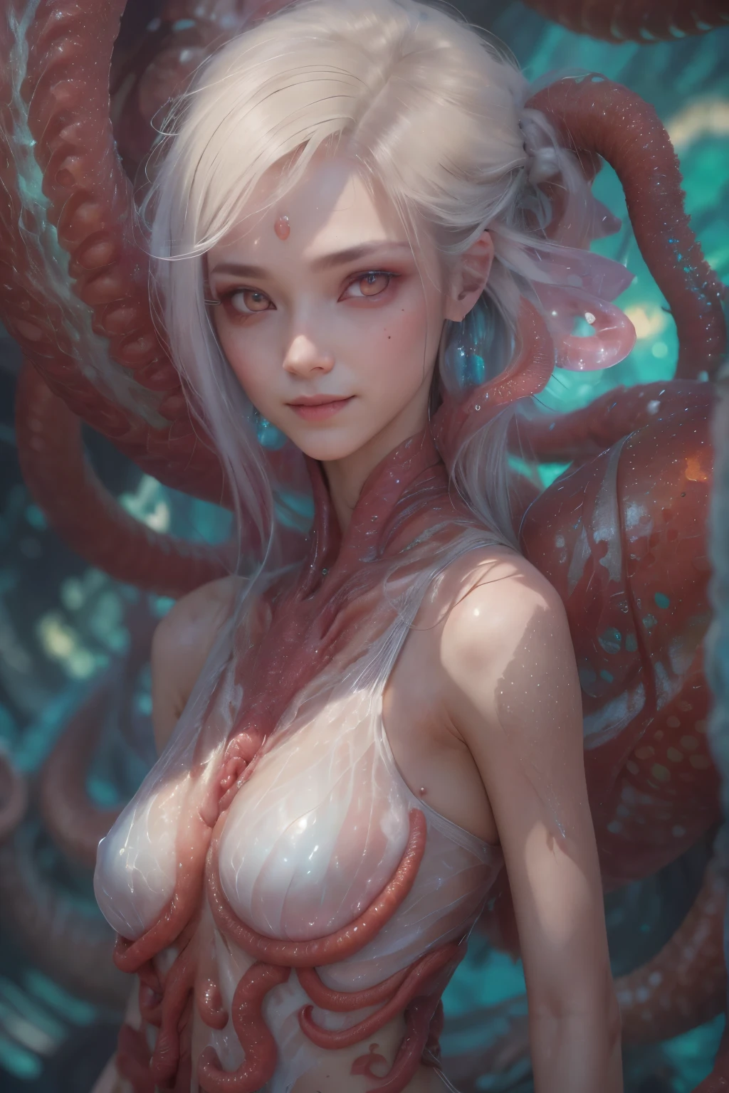Portrait, (1 beautiful female alien:1.2), ((There is a female genital-like organ in the middle of the forehead:1.9)), (The most beautiful face in the history of the universe:1.2), (Scarlet eyes that shine mysteriously:1.6), (Translucent skin:1.8), an evil gaze that seduces, (red eyes:1.5), (large mouth:1.1), sharp teeth like a shark, Full body like, (bio luminescent:1.2), (Smile wickedly:1.3), (sexypose:1.5), alien, No humans, cells are fused, (Lots of translucent tentacles:1.1) (Translucent skin:1.3), extraterrestrial, cell, bio image, Best Quality, 8K,4K_quality, High Definition, Dramatic Lighting, masutepiece:1.5,cinematic quality, detail up, (Intricate details:1.2), High resolution, High Definition, drawing faithfully, (Thick eyebrows:1.2), Beautiful eyes with fine symmetry, (Ultra detailed eyes:1.2),(Highly detailed face and eyes:1.2), (High-resolution red-eye:1.4), Intimate face, (Super detailed skin quality feeling:1.4), Perfect Anatomy, (Beautiful toned body:1.5), (Moist skin:1.2), No makeup, (dark circles:1.1), long canines, cinematic drawing of characters, ultra high quality model, cinematic quality, detail up, (Intricate details:1.2), High resolution, High Definition, drawing faithfully, Official art, Unity 8K wall , 8K Portrait, Best Quality, Very High resolution, ultra detailed artistic photography, midnight aura, unreal enginee 5, Ultra Sharp Focus, art by alberto seveso, ArtGerm, Roisch, intricate artwork, best quality, masutepiece, ultra High resolution, (photos realistic:1.4), Ultra-realistic realism, dream-like, nautilus, Creation of fantasy, Snail, Dream Snail, (biopunk nautilus:1.3), Thrilling color schemes, Ultra-realistic realism, seductively smiling, Blue tentacles, Creatures that mimic humans