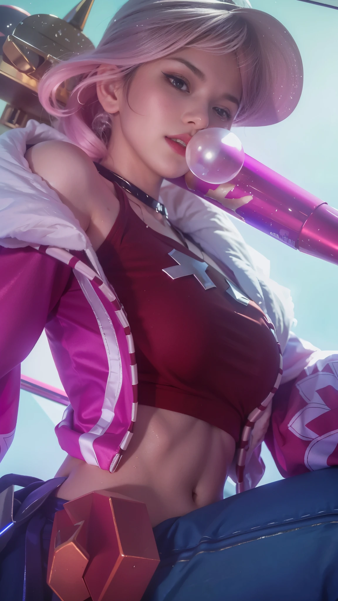 (female:1.2), 8k, ultra hd, ultra detailed texture, hyper realistic, masterpiece, detailed texture, detailed face, detailed skin, detailed lighting, (photorealistic:1.5), best quality, beautiful lighting, cinematic lighting, professional lighting, ultra highres, realistic, detailed hair, real hair, high quality, (realskin:1.5), extremely detailed, finely detail, ultra-detailed, 1girl, solo,pink hair, big boobs, red shirt, eat bubble gum