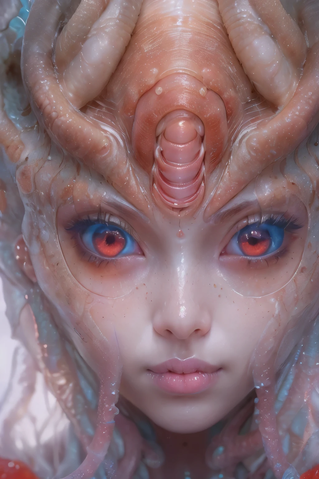 (A portrait of one beautiful and obscene female alien who is a young ager:1.4), ((There is a female genital-like organ in the middle of her forehead:1.8)), (realistic face:1.2), (Numerous award-winning masterpieces, with incredible detail, textures and maximum detail), artistic photography, midnight aura, unreal engine 5, Ultra Sharp Focus, art by Amano Yoshitaka, ArtGerm, Roisch, intricate artwork, ultra realistic realism, high resolution, High freshness, drawing faithfully, official art, Unity 8K Wall paper, ultra detailed artistic photography, dream-like, Creation of fantasy, dream Snail, (biopunk nautilus:1.3),Thrilling color schemes, seductively smiling, Amazing mutation, well-proportioned body, goddess of the deep sea, fractal, Geometric pattern, impossible figures, (translucent white tentacles with luminescent organs:1.4), subtle emerald green accents, (smiling seductively:1.3),(She has the most beautiful face in the history of the universe:1.5), Penelope Cruz, (she is looking down at viewers with glowing red eyes with no pupils:1.3), an evil gaze that seduces, cinematic lighting, (Vampire-like long canine teeth can be glimpsed through the gap between the lips:1.3), in the hall of the palace, Sweet breath is exhaling from beautiful lips, ecstatic expression