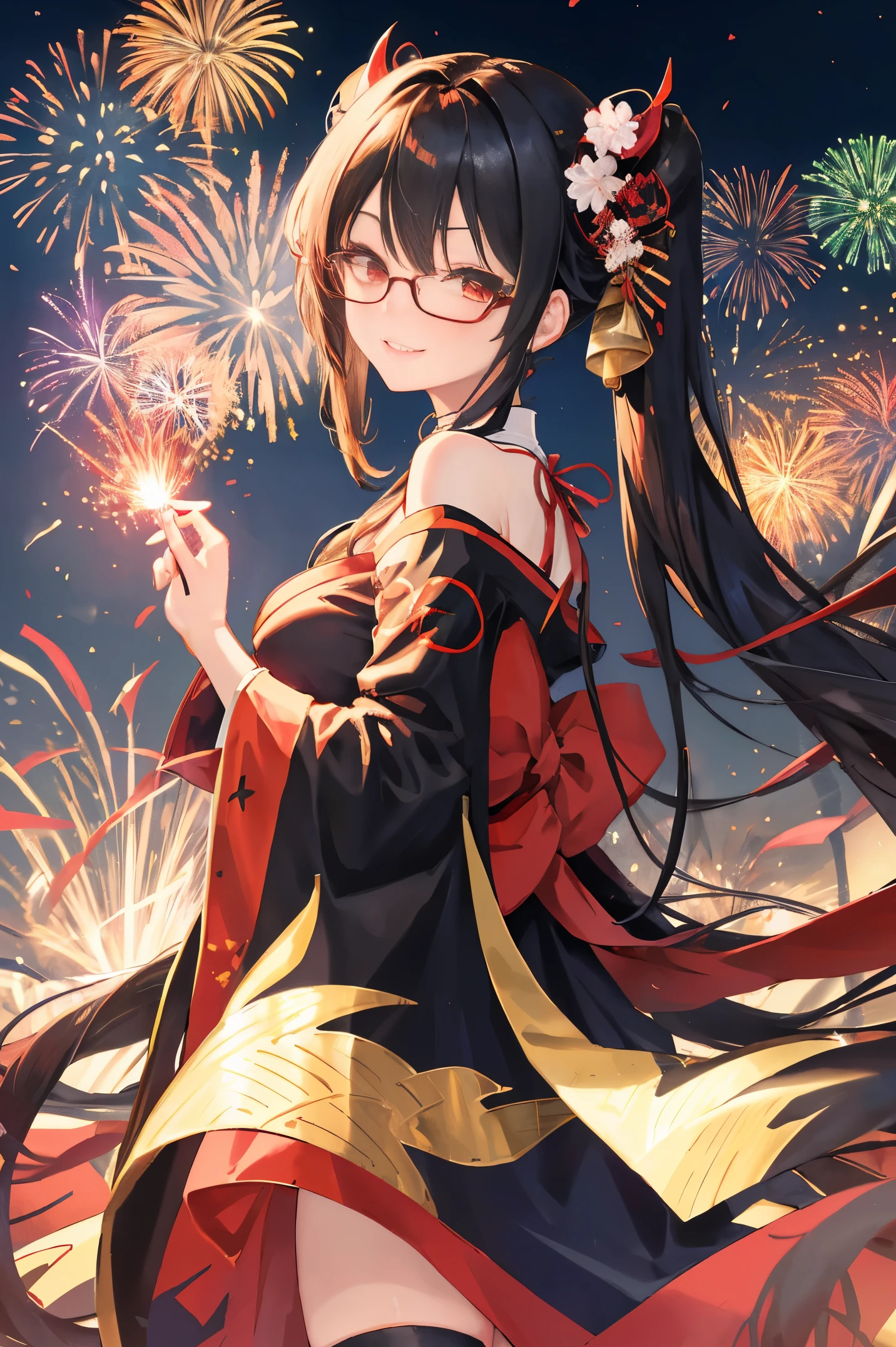 "anime girl, 1 person, black hair, shoulder length hair, red eyes, glasses, white horns, wearing kimono, kimono outfit, black kimono with red patterns, details, big breasts, long stockings, sinister smile , small black wings on the back, solo, viewed from different directions, festival, New Year's Eve, New Year's Eve fireworks, watching fireworks (sharp image)"