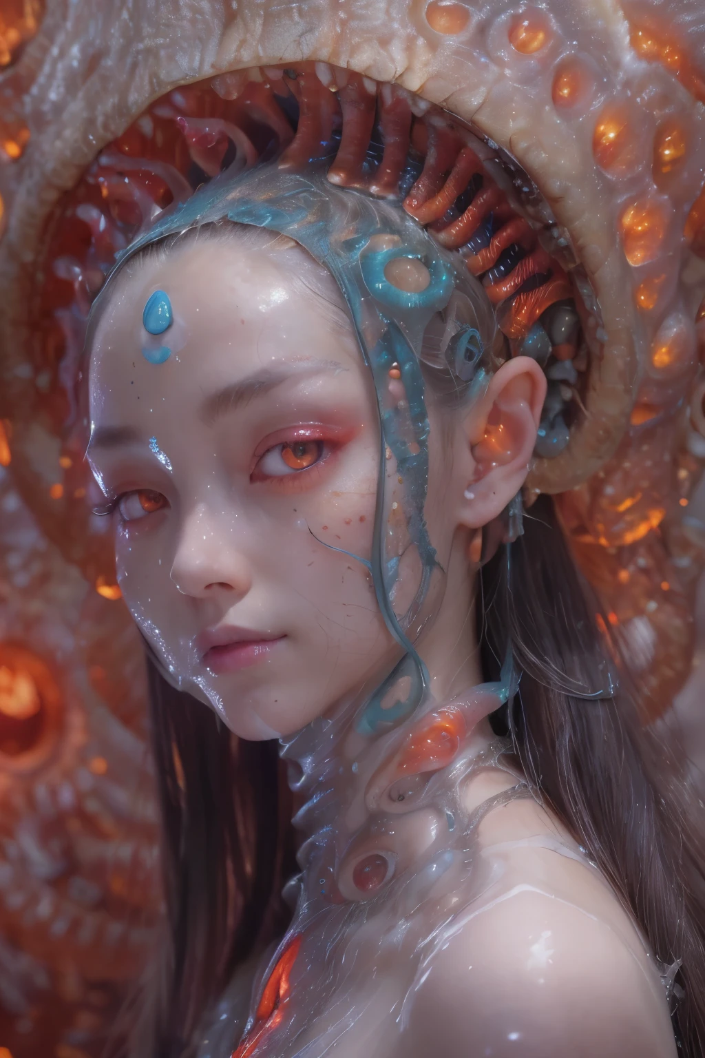 (1 beautiful and obscene female alien:1.4), (vulgarity1.7), (she has red eyes with no pupils:1.8), (She has translucent pale skin:1.7), (There is a female genital-like organ in the middle of the forehead:1.95), (She has the most beautiful face in the history of the universe:1.2), (She has multiple bioluminescent organs on the side of her tentacles:1.4), (Her body is covered with an iridescent exoskeleton:1.3), (She is showingh her arm pits:1.4), an evil gaze that seduces, (large mouth:1.1), (sharp teeth like a vampire:1.2), Full body portrait, (bio luminescent:1.5), (Smile wickedly:1.3), (sexypose:1.5), alien, No humans, cells are fused, (No hair but there are lots of translucent tentacles from her head like hair:1.8) extraterrestrial, cell, bio image, best quality, masterpiece, ultra high resolution, (photos realistic:1.7), scary and sexy detailed art in color, best quality, 8K,In 4K_quality, High freshness, Dramatic Lighting, cinematic quality, detail up, (exquisite details:1.2), High freshness, drawing faithfully, (Thick eyebrows:1.2), Beautiful eyes with fine symmetry,(Highly detailed face and eyes:1.2),(Super detailed skin quality feeling:1.4), perfect anatomy, (Beautiful toned body:1.5), (Moist skin:1.2), not wearing makeup, (dark circles:1.1), long canines, cinematic drawing of characters, cinematic quality, detail up, (exquisite details:1.2), high resolution, High freshness, drawing faithfully, official art, Unity 8K Wall paper, ultra detailed artistic photography, midnight aura, unreal engine 5, Ultra Sharp Focus, art by Amano Yoshitaka, ArtGerm, Roisch, intricate artwork,ultra realistic realism, dream-like, Creation of fantasy, dream Snail, (biopunk nautilus:1.3),Thrilling color schemes, seductively smiling, Amazing mutation, well-proportioned body, goddess of the deep sea, fractal, Geometric pattern, impossible figures,(asymmetry:1.4), (white tentacles with blue stripes:1.4), subtle emerald green accents, (expression of ecstasy:1.6)