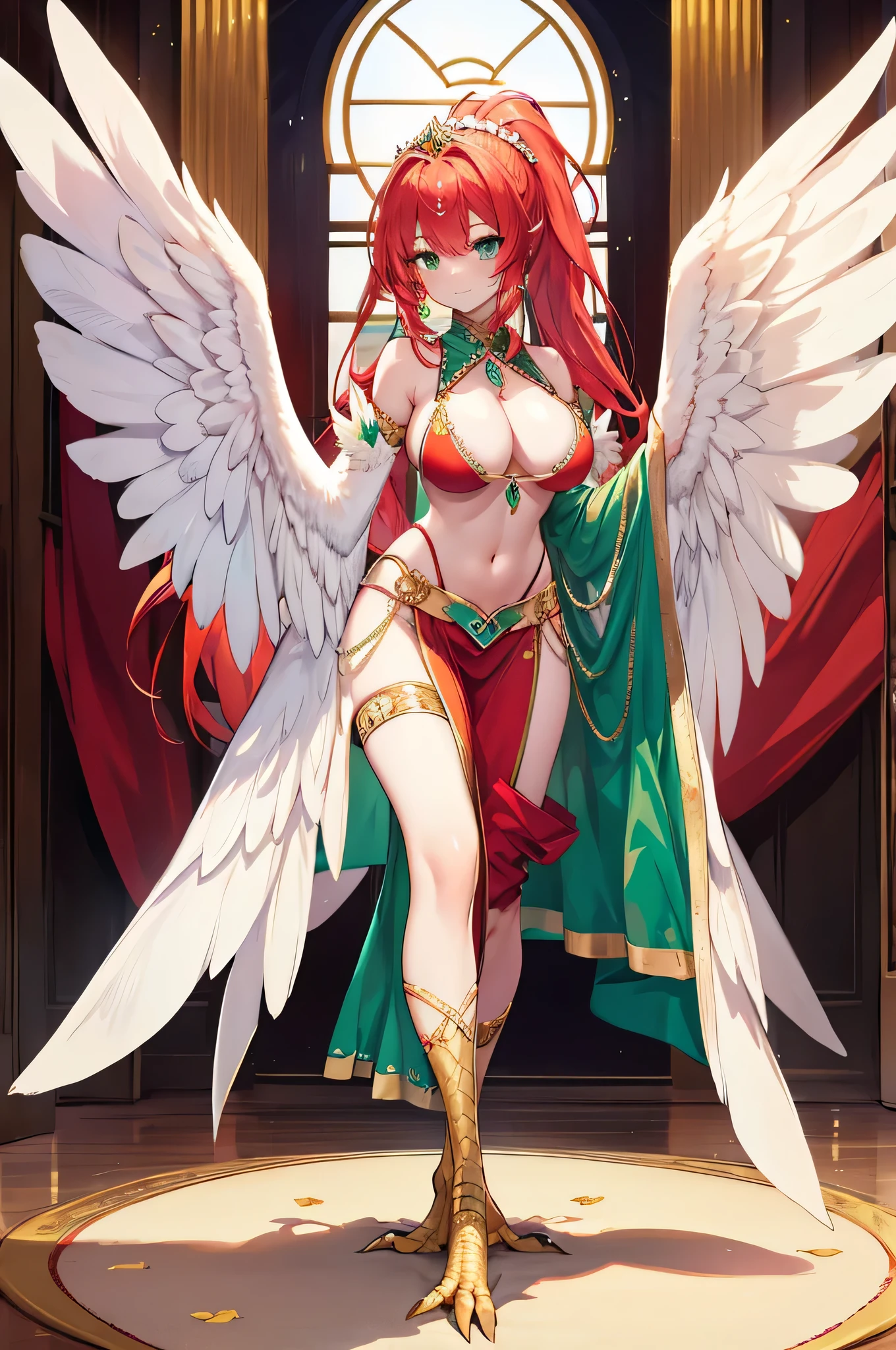 4K,hight resolution,One Woman,Harpy,Bright red hair,Long ponytail,Green eyes,Colossal tits,one white winged,golden toenails,arabian princess,white arabic dancer clothes,Princess tiara,Arabian palaces