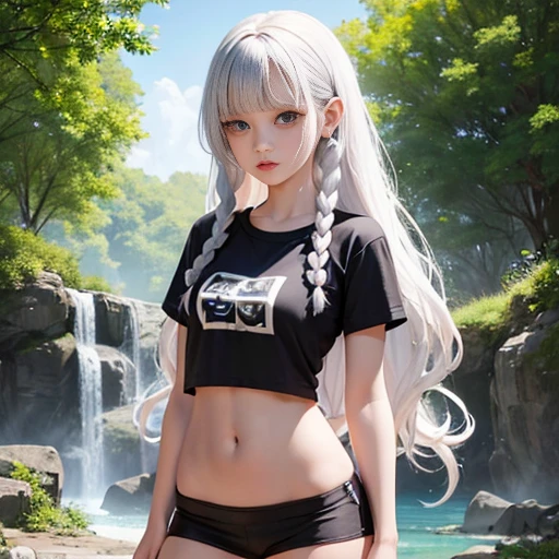 a girl with platinum hair, curly hair, double braids, serious expression, very short t-shirt, thin white t-shirt, t-shirt without prints, wet t-shirt, translucent fabric, visible belly, very short black miniskirt