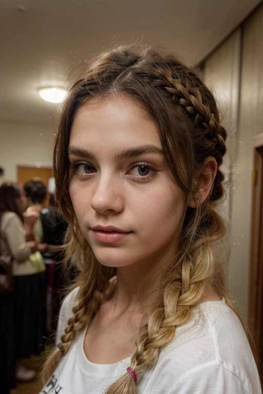 a 20 year old girl with blonde braided hair, in public, selfie, portrait