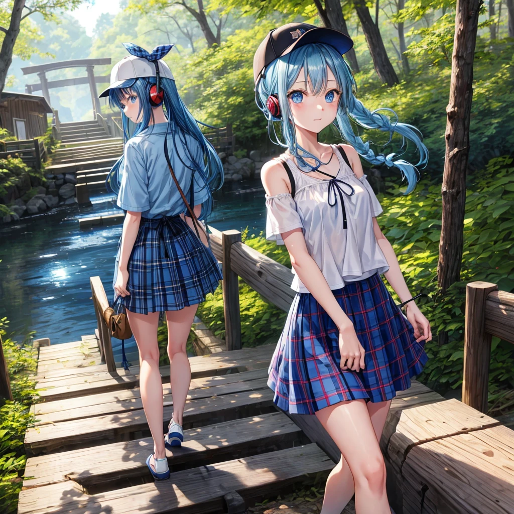 Blue hair、blue eyess、Braids、one good looking girl、独奏、animesque、Plaid miniskirt、Black T-shirt、camisole、the woods、Wearing a plaid baseball cap、bare-legged、Tilting your face、Walking、Crossing a log bridge while keeping balance、Doing the ribbon、have a twig、climbing the wooden stairs、falls、Blue Topaz、Sunset sky、Wearing headphones