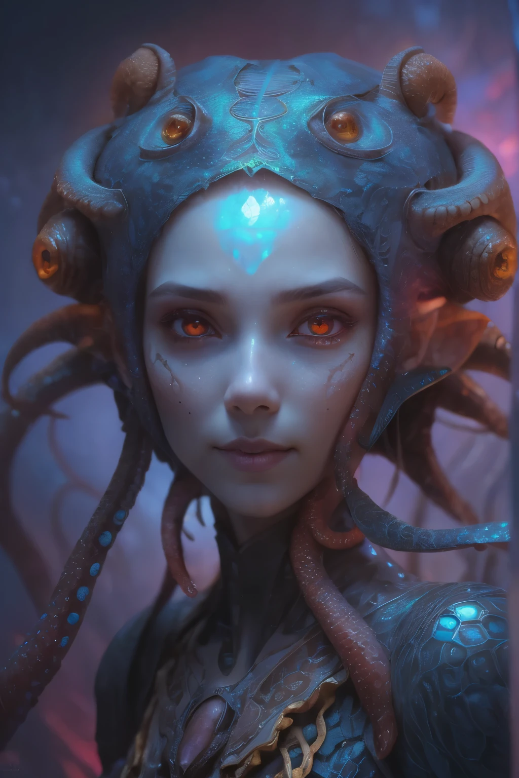 Portrait, (beautiful female alien:1.2), (she has red eyes with no pupils:1.8), (Translucent skin:1.7), (There is a female genital-like organ in the middle of the forehead.:1.9), (The most beautiful face in the history of the universe:1.2),an evil gaze that seduces, (large mouth:1.1), (sharp teeth like a vampire:1.2), Full body like, (bio luminescent:1.5), (Smile wickedly:1.3), (sexypose:1.5), alien, No humans, cells are fused, (Lots of translucent tentacles:1.3) extraterrestrial, cell, bio image, Best Quality, 8K,4K_quality, High Definition, Dramatic Lighting, masutepiece:1.5,cinematic quality, detail up, (Intricate details:1.2), High resolution, High Definition, drawing faithfully, (Thick eyebrows:1.2), Beautiful eyes with fine symmetry,(Highly detailed face and eyes:1.2), Intimate face, (Super detailed skin quality feeling:1.4), Perfect Anatomy, (Beautiful toned body:1.5), (Moist skin:1.2), No makeup, (dark circles:1.1), long canines, cinematic drawing of characters, ultra high quality model, cinematic quality, detail up, (Intricate details:1.2), High resolution, High Definition, drawing faithfully, Official art, Unity 8K wall , 8K Portrait, Best Quality, Very High resolution, ultra detailed artistic photography, midnight aura, unreal enginee 5, Ultra Sharp Focus, art by alberto seveso, ArtGerm, Roisch, intricate artwork, best quality, masutepiece, ultra High resolution, (photos realistic:1.4), Ultra-realistic realism, dream-like, nautilus, Creation of fantasy, Snail, Dream Snail, biopunk nautilus, Thrilling color schemes, Ultra-realistic realism, seductively smiling, Blue tentacles,