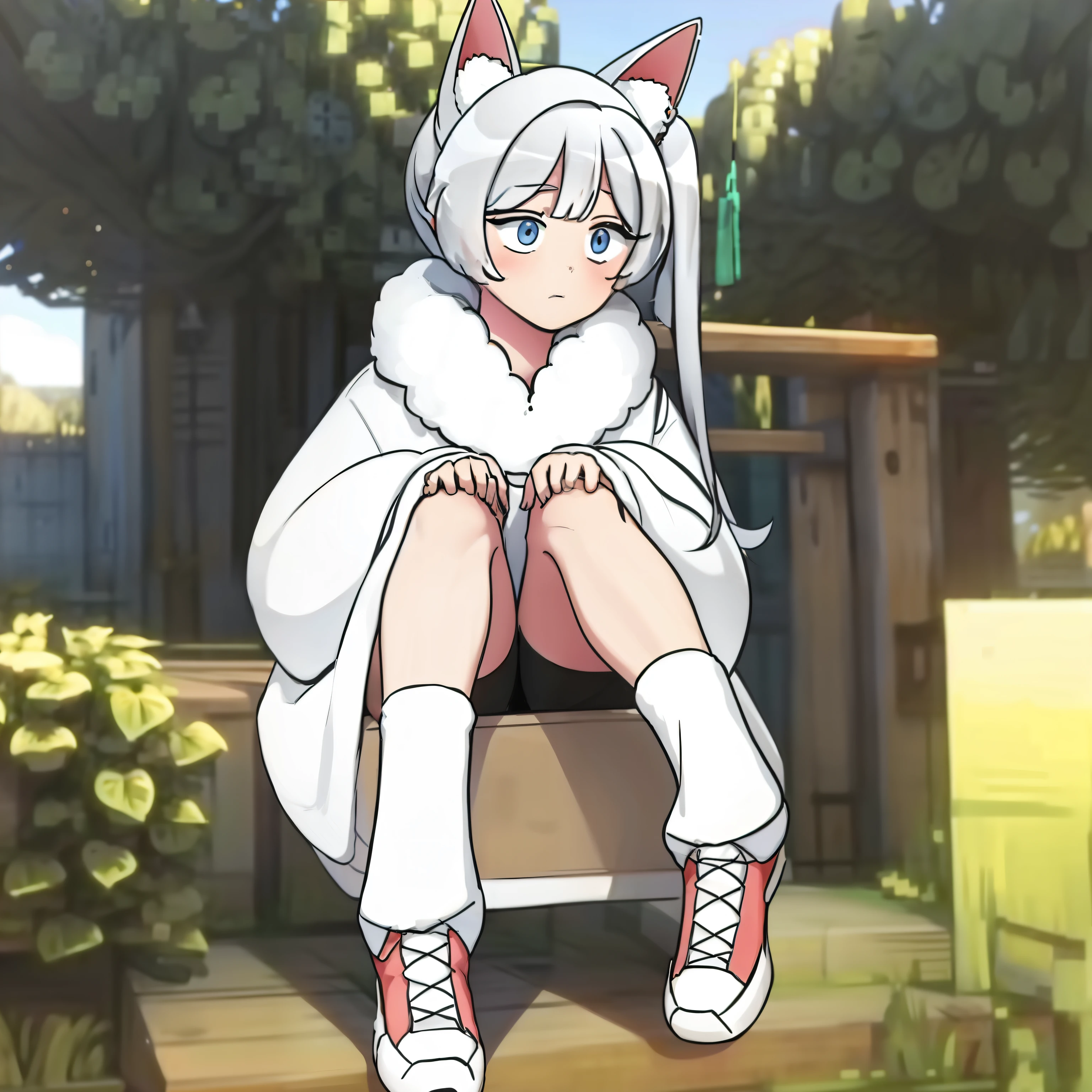 (masterpiece, best quality:1.2),1girl,solo,upper body,cowboy shot,1girl,solo,long_hair,bangs,blue_eyes,animal_ears,white_hair,dog_ears,side_ponytail,coat,animal_ear_fluff,white_coat,long_sleeves,tail,shoes,shorts,socks,bike_shorts,sneakers,