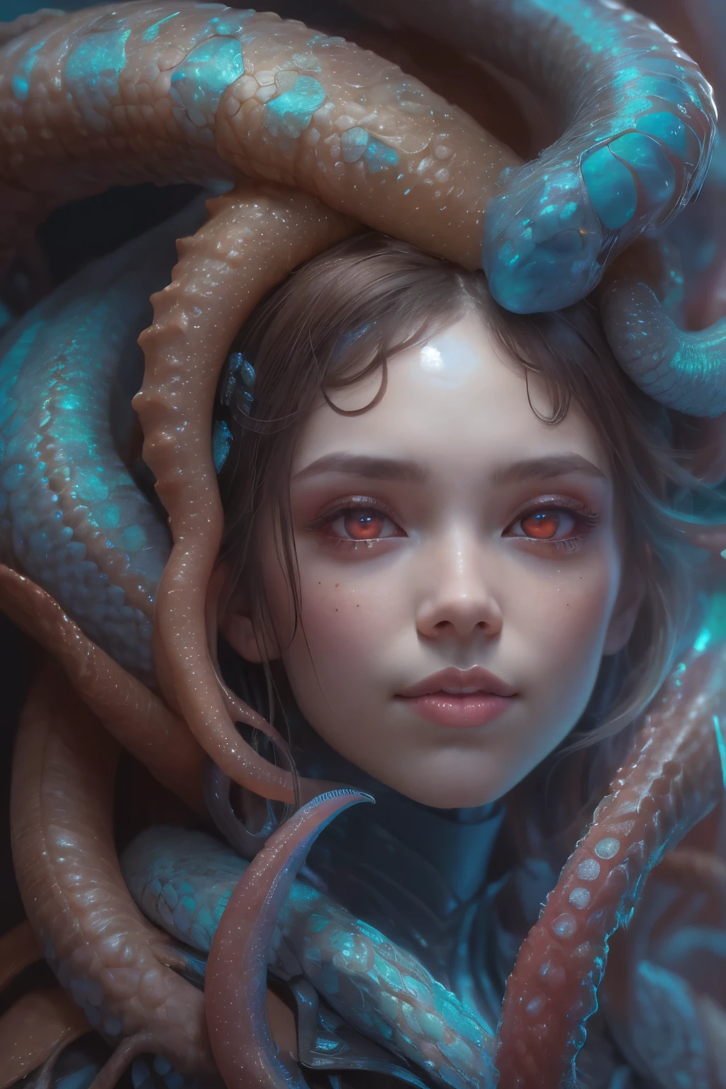 Portrait, (beautiful female alien:1.2), (she has red eyes with no pupils:1.8), (Translucent skin:1.7), (There is a female genital-like organ in the middle of the forehead.:1.9), (The most beautiful face in the history of the universe:1.2),an evil gaze that seduces, (large mouth:1.1), (sharp teeth like a vampire:1.2), Full body like, (bio luminescent:1.5), (Smile wickedly:1.3), (sexypose:1.5), alien, No humans, cells are fused, (Lots of translucent tentacles:1.3) extraterrestrial, cell, bio image, Best Quality, 8K,4K_quality, High Definition, Dramatic Lighting, masutepiece:1.5,cinematic quality, detail up, (Intricate details:1.2), High resolution, High Definition, drawing faithfully, (Thick eyebrows:1.2), Beautiful eyes with fine symmetry,(Highly detailed face and eyes:1.2), Intimate face, (Super detailed skin quality feeling:1.4), Perfect Anatomy, (Beautiful toned body:1.5), (Moist skin:1.2), No makeup, (dark circles:1.1), long canines, cinematic drawing of characters, ultra high quality model, cinematic quality, detail up, (Intricate details:1.2), High resolution, High Definition, drawing faithfully, Official art, Unity 8K wall , 8K Portrait, Best Quality, Very High resolution, ultra detailed artistic photography, midnight aura, unreal enginee 5, Ultra Sharp Focus, art by alberto seveso, ArtGerm, Roisch, intricate artwork, best quality, masutepiece, ultra High resolution, (photos realistic:1.4), Ultra-realistic realism, dream-like, nautilus, Creation of fantasy, Snail, Dream Snail, biopunk nautilus, Thrilling color schemes, Ultra-realistic realism, seductively smiling, Blue tentacles,