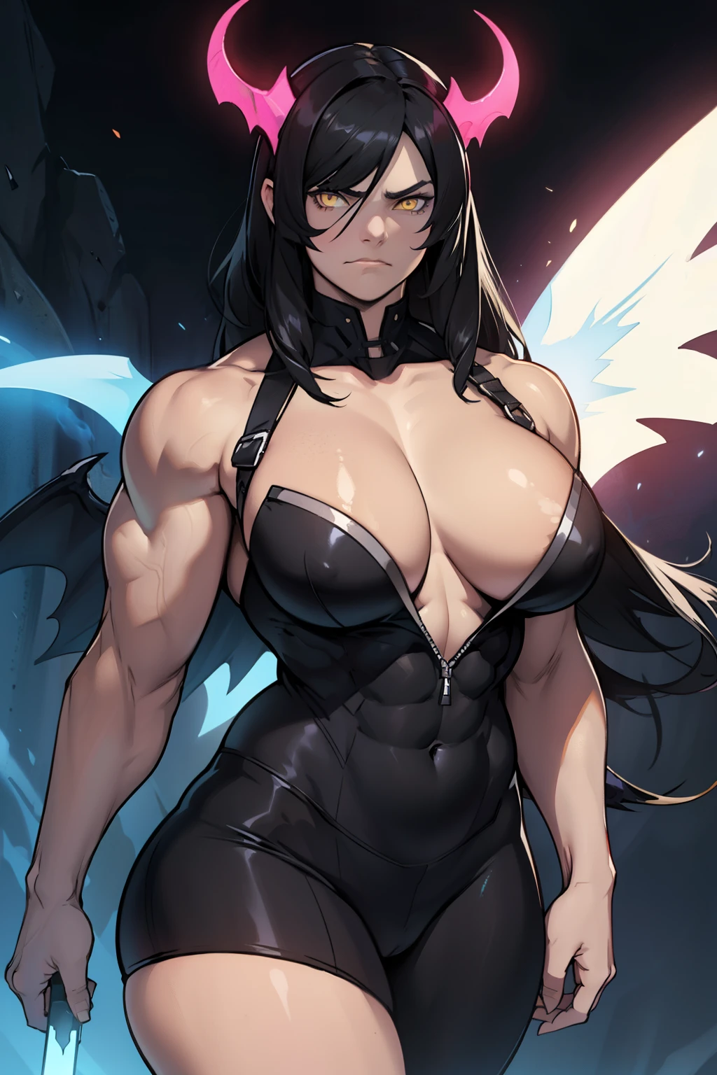 dark evil wings horns pale skin black hair yellow eyes glowing ((((muscular girl)))) ((((thick)))) (((breasts))) glowing glowing glowing glowing sad frown pale