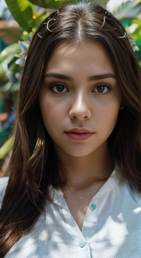 (best quality,ultra-detailed,photorealistic),young woman,beautiful eyes,detailed lips,pensive expression,soft lighting,vibrant colors,,long flowing hair,stylish Navy white outfit, jungle background,colorful flowers,natural sunlight,serene atmosphere, sad face, natural round breasts, hourglass figure, 4k details,