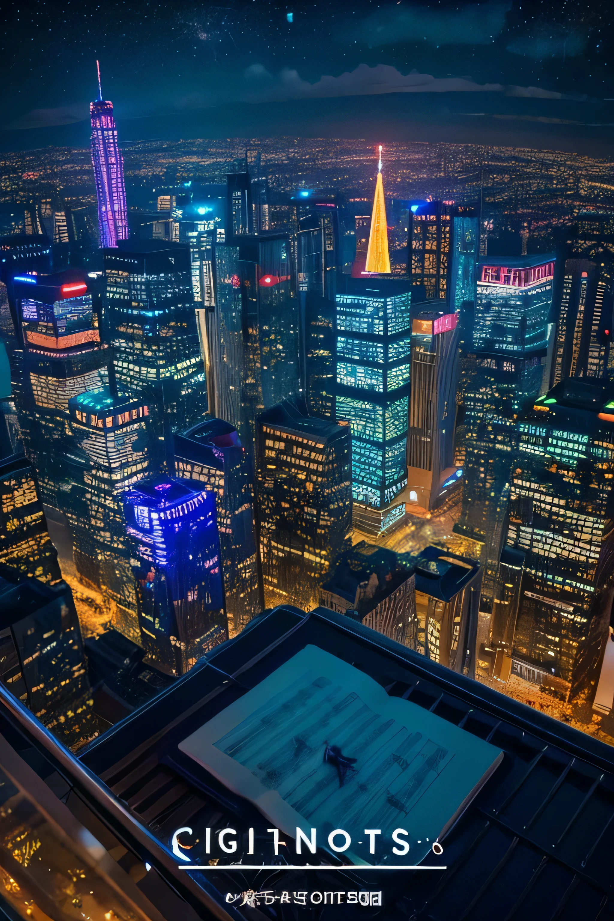 Sheet music playback、Colorful sheet music is played、 Night view from a high place、Drawing a large number of skyscrapers, Looking up at the starry sky. Surround her with colorful nebulae and colorful metropolis. Erase the text