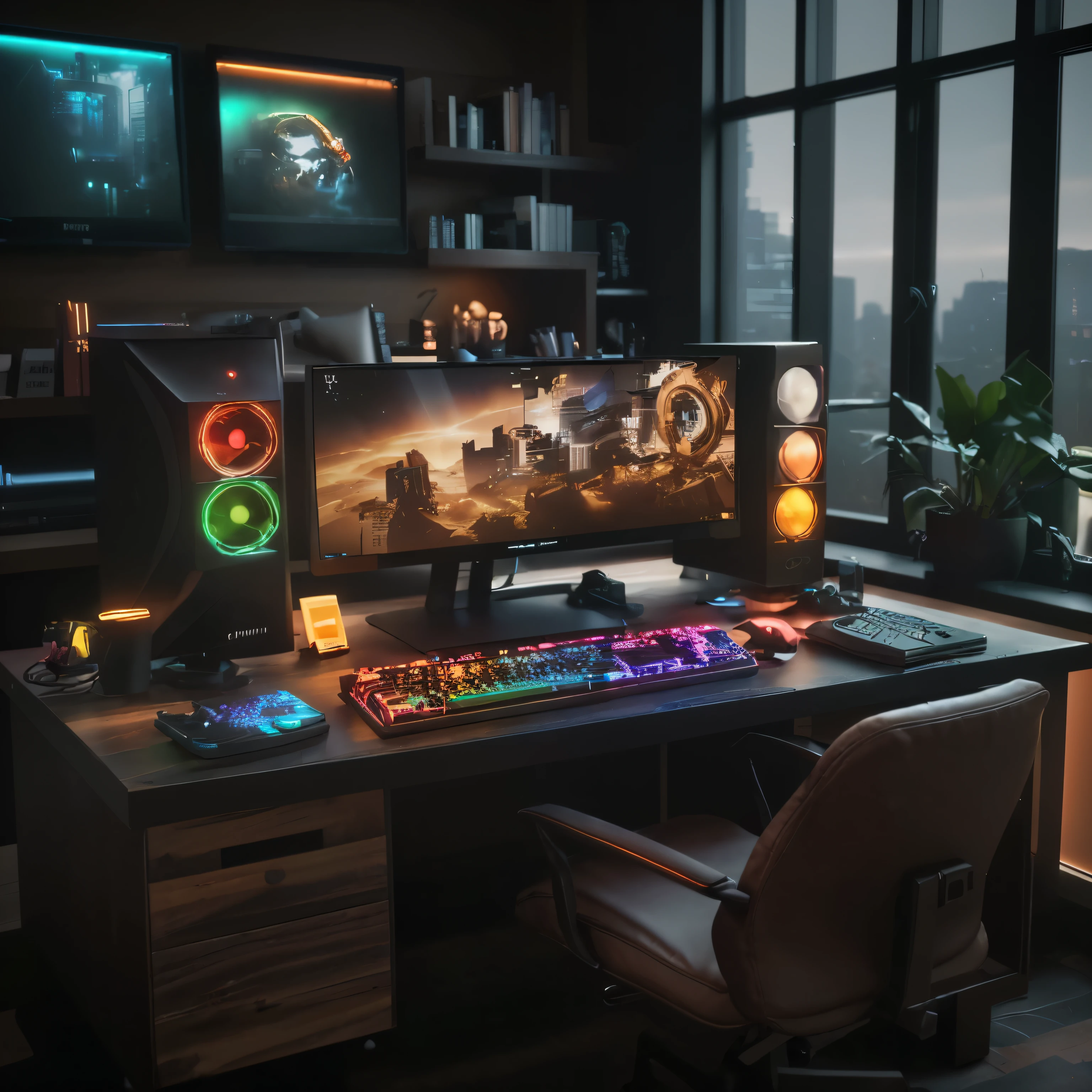 Create a high end gaming computer sitting on a dark brown wood desk. The computer is in a New York coffee shop themed penthouse. The computer components are glowing with colors and can be seen from the side including water cooled system and fans. The penthouse is dark inside at night . there is a modern flat keyboard with flat keyboard keys on the table beside the computer that has colorful lit keyboard keys. There is a gaming monitor also on the desk