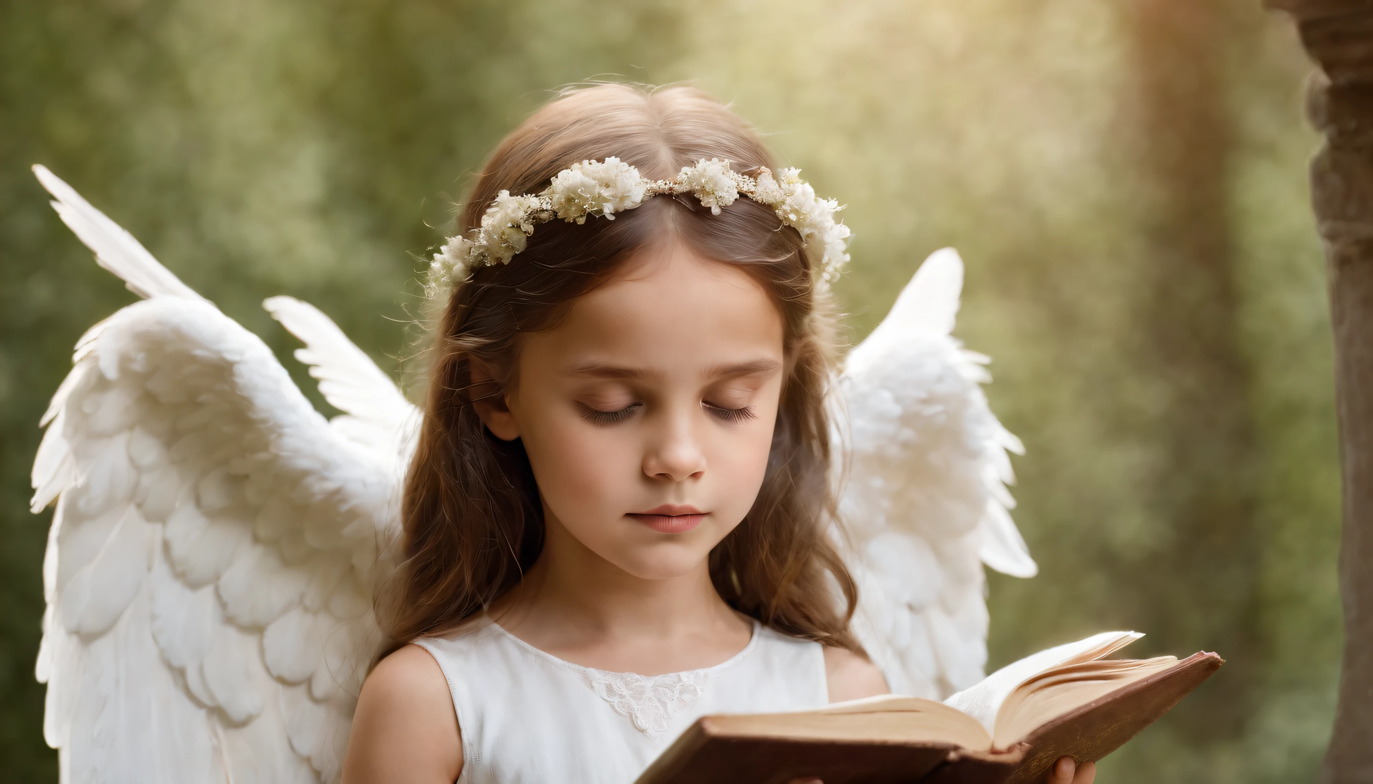 fotoRealista、Drawing of a girl with a bible and angel wings, linda anjo、fechar um olho、quarto .