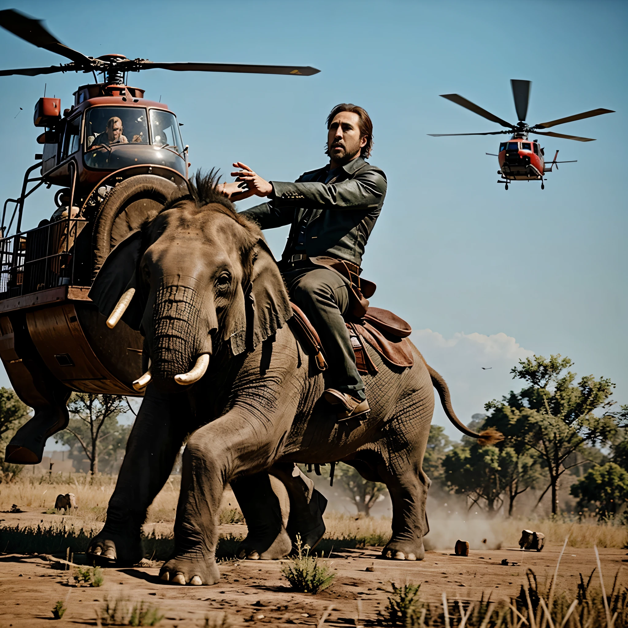 Nicolas Cage riding an elephant, behind helicopters, in rdr 2, rtx, Full HD, detail