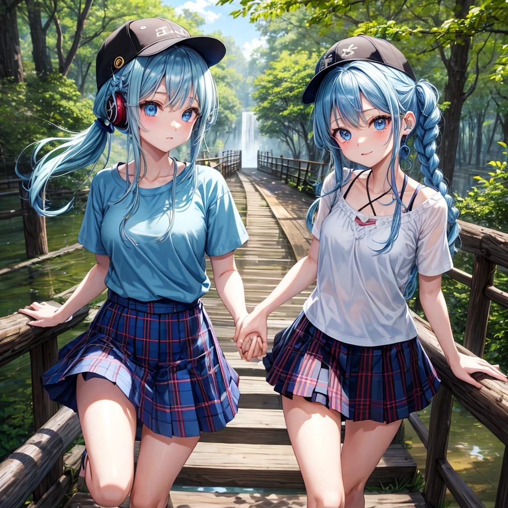 Blue hair、blue eyess、Braids、one good looking girl、独奏、animesque、Plaid miniskirt、Black T-shirt、camisole、the woods、Wearing a plaid baseball cap、bare-legged、Tilting your face、Walking、Crossing a log bridge while keeping balance、Doing the ribbon、have a twig、climbing the wooden stairs、falls、Blue Topaz、Sunset sky、Wearing headphones