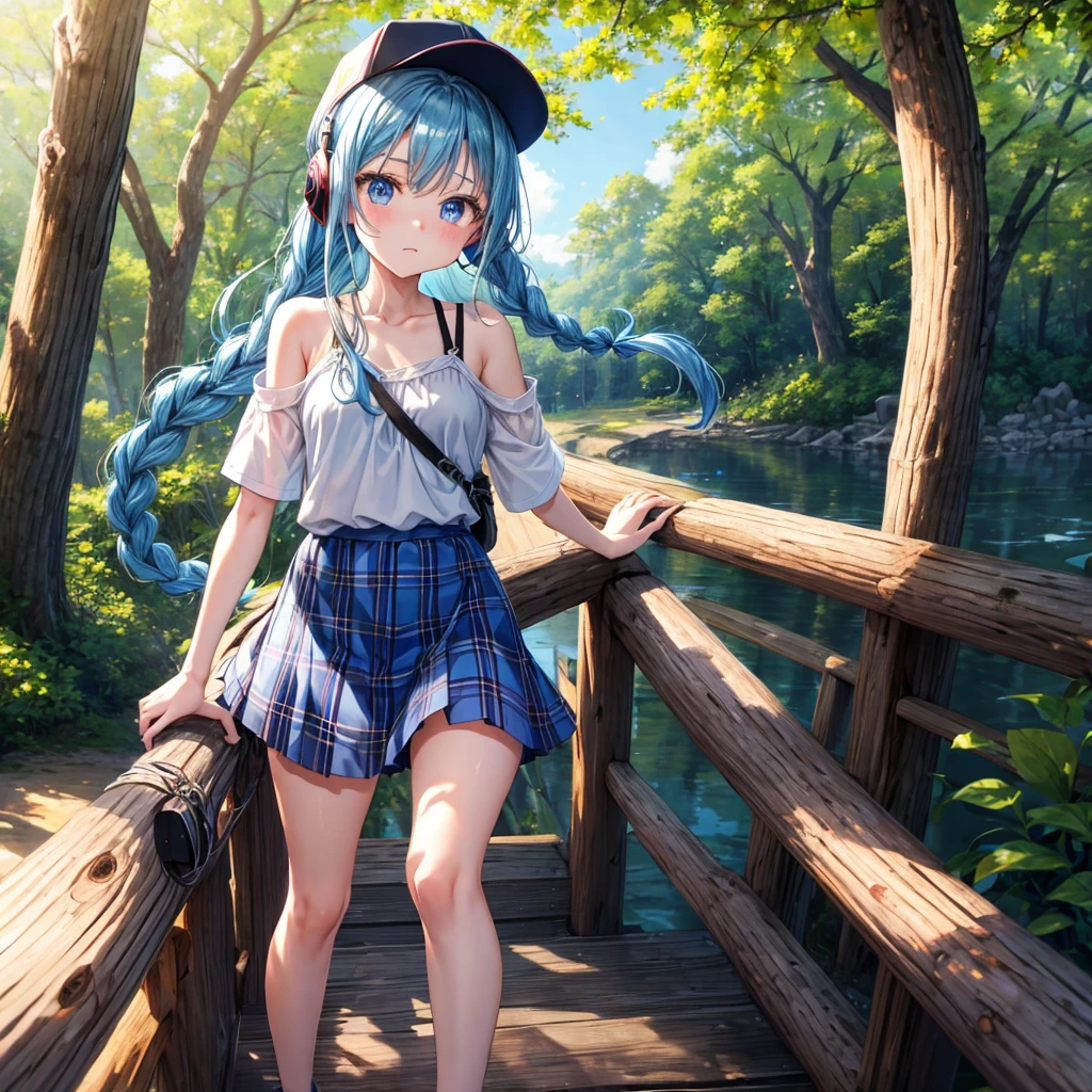 Blue hair、blue eyess、Braids、one good looking girl、独奏、animesque、Plaid miniskirt、Black T-shirt、camisole、the woods、Wearing a plaid baseball cap、bare-legged、Tilting your face、Walking、Crossing a log bridge while keeping balance、Doing the ribbon、have a twig、climbing the wooden stairs、falls、Blue Topaz、Sunset sky、Wearing headphones