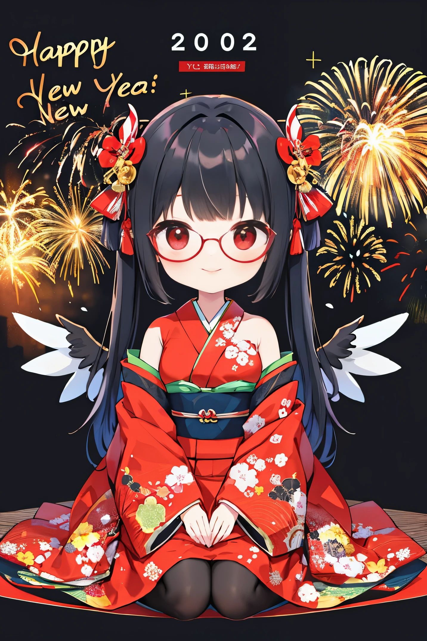 "anime girl, 1 person, black hair, shoulder length hair, red eyes, glasses, white horns, wearing kimono, kimono outfit, black kimono with red patterns, details, big breasts, long stockings, sinister smile  , small black wings on the back, solo,chibi, full body, viewed from different directions, festival, New Year's Eve, New Year's Eve fireworks, watching fireworks (sharp image)"