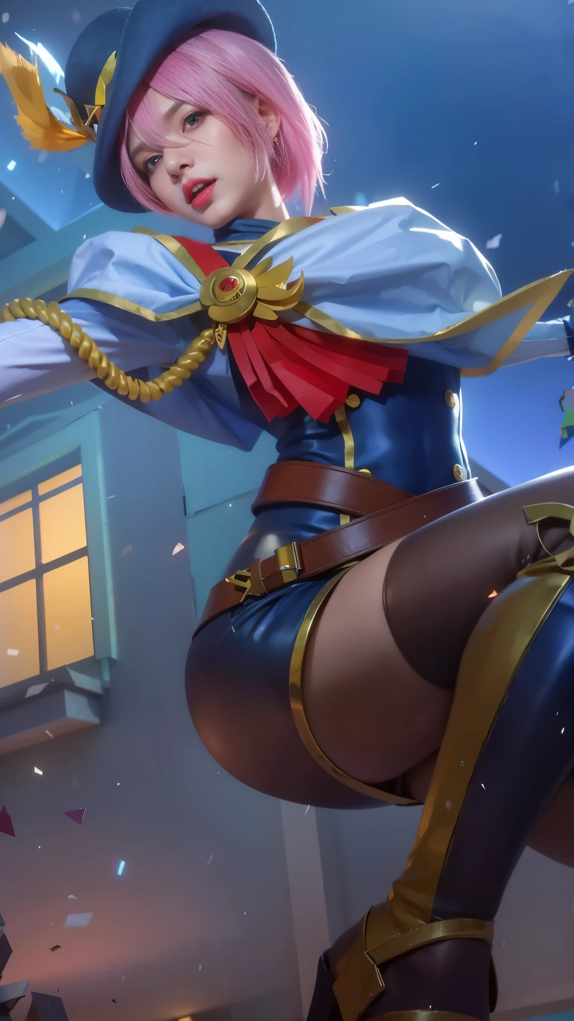 (female:1.2), 8k, ultra hd, ultra detailed texture, hyper realistic, masterpiece, detailed texture, detailed face, detailed skin, detailed lighting, (photorealistic:1.5), best quality, beautiful lighting, cinematic lighting, professional lighting, ultra highres, realistic, detailed hair, real hair, high quality, (realskin:1.5), extremely detailed, finely detail, ultra-detailed, 1girl, solo, pink short hair, big breasts, angry expression, blue hat and yellow ornament, blue costume, white syal, windows bckground