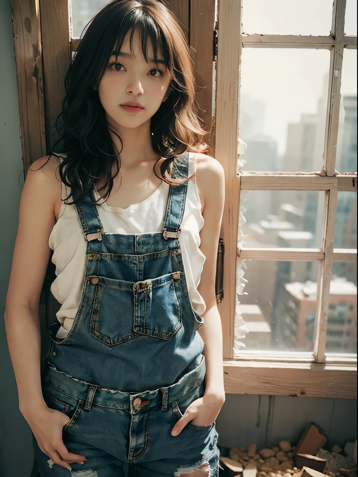 raw photo, 8k, (top-quality), Realistic, (real picture, Intricate details), (natural skin texture, detailed skin, hyper realism, sharpness), (Japanese college girl standing in an abandoned apartment building, hands in pockets), ((tattered tank top, dirty tank top, Distressed denim overalls, sleeveless)), (((Small chest:1.4))), Fair skin, sweaty skin, ((Wavy long hair, One-length hairstyles)), (kanakomomota, neat face, Parted lips), Room being demolished, dusty room, cracked wall, Messy floor, Pile of rubble:1.3, broken window, cracked Window glass, Hard lighting:1.3, sunset light, Full body shot