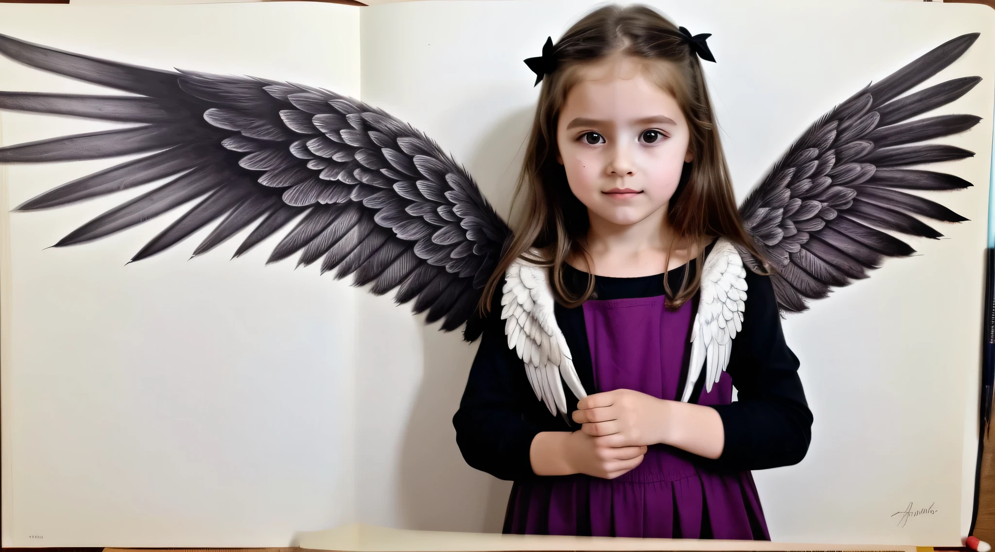 fotoRealista、Drawing of a girl with a bible and angel wings, linda anjo、fechar um olho、quarto .