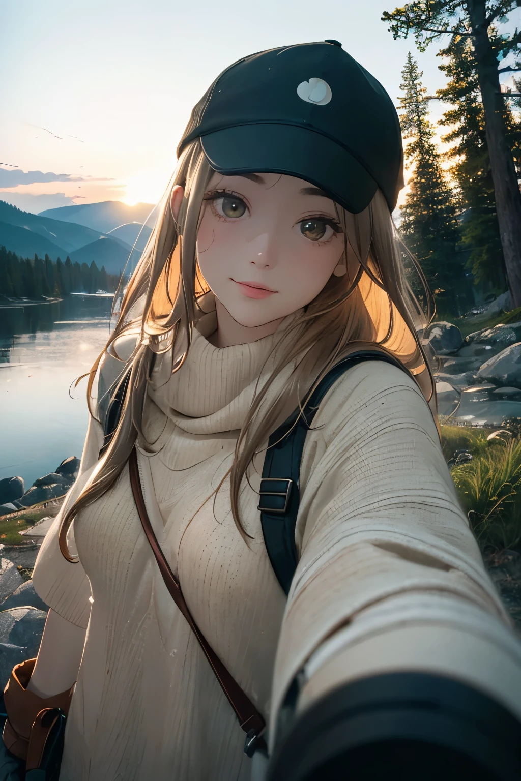 1 woman((upper body selfie, happy)), masterpiece, best quality, ultra-detailed, solo, outdoors, (night), mountains, nature, (stars, moon) cheerful, happy, backpack, sleeping bag, camping stove, water bottle, mountain boots, gloves, sweater, hat, flashlight, forest, rocks, river, wood, smoke, shadows, contrast, clear sky,
analog style (look at viewer:1.2) (skin texture)
(film grain:1.3), (warm hue, warm tone)