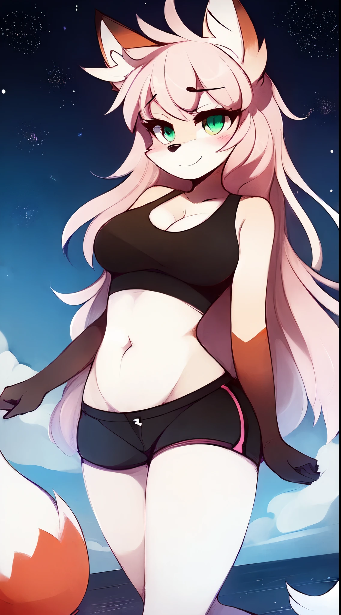 uploaded on e621, (((by Zero-Sum))), masterpiece, (best quality:1.5), furry female fox, anthro, snout, black sports bra, short shorts, stomach, animal earfluff, two-tone fur, breasts, fox tail, long eyelashes, very long hair, happy, sky, night, stars