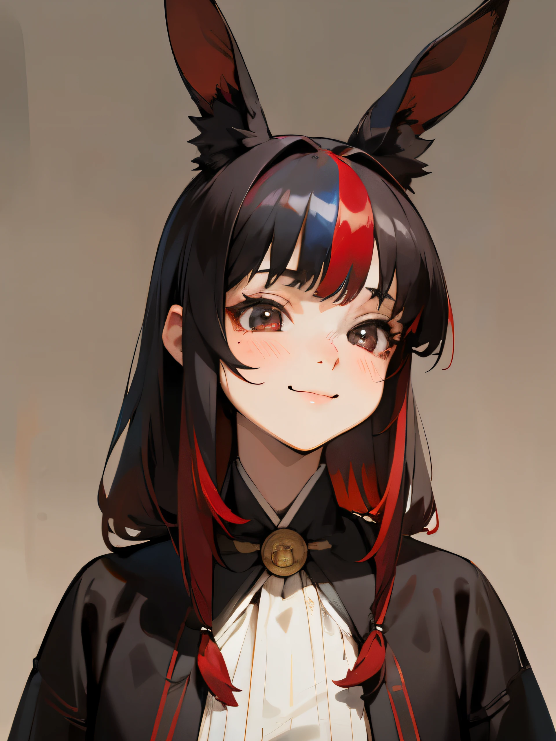 Masterpiece, Best Quality, Realistic, bunny girl, 1 girl of the Japanese breed of rabbits, mid length hair, ((hair color black-red)), (Coloring split ends of hair:1.6), (without bangs:1.3), dark eyes, clothing color checkerboard black and red, Portrait, extremely detailed face, light room background, looking at the audience, Cute, tender, Feminine, bunny ears one ear is red the other ear is black, Sakimichan Frank Franzetta, heise jinyao, smiling happily.