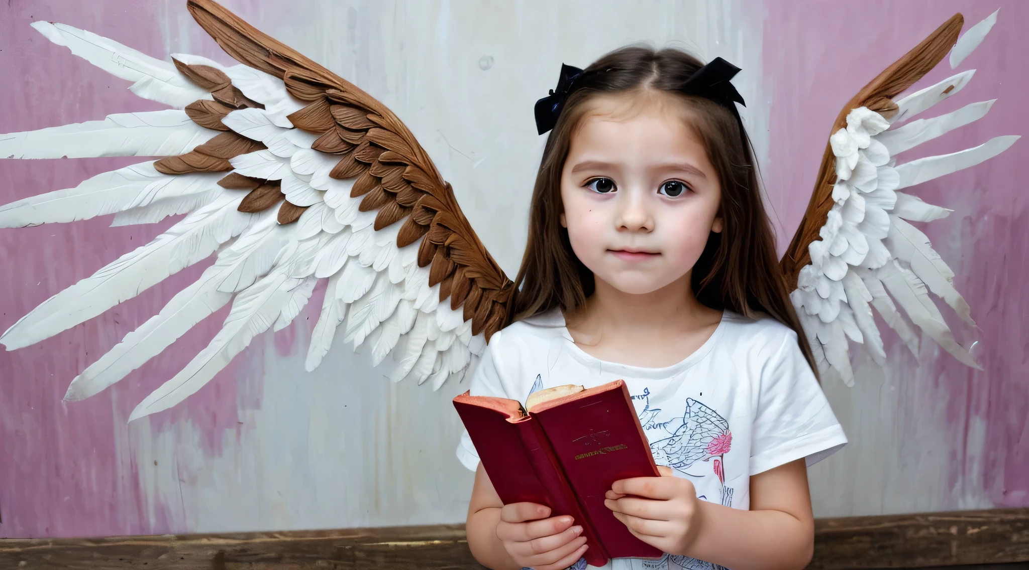 fotoRealista、Drawing of a girl with a bible and angel wings, linda menina anjo、fechar um olho、quarto .