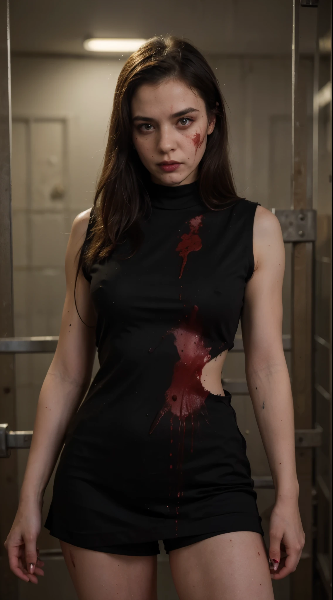 ((best quality)), ((masterpiece)), (detailed), perfect face, (((masochism woman, black clothes, sleeveless))), standing, (standing in a prison cell), ((blood on face)), ((whipped, bruise)).