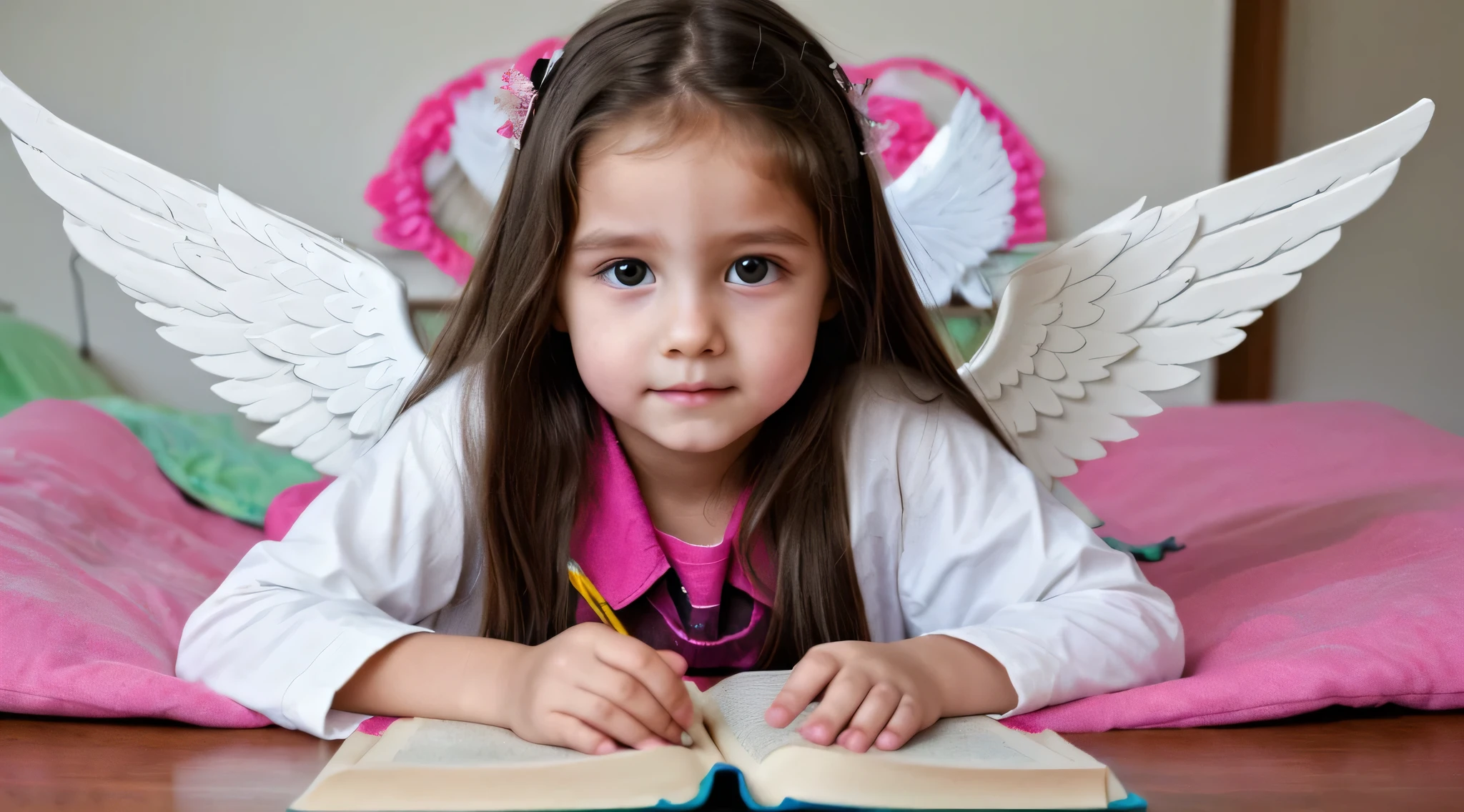 fotoRealista、Drawing of a girl with a bible and angel wings, linda menina anjo、fechar um olho、quarto .