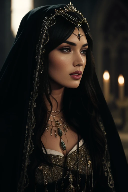 a close up of a woman wearing a veil and a necklace, portrait of megan fox as a queen, megan fox witch queen, still of megan fox, ana de armas as joan of arc, megan fox as beautiful mountains, portrait of megan fox as demon, a beautiful sorceress, masterpiece! portrait of arwen, beautiful sorceress
