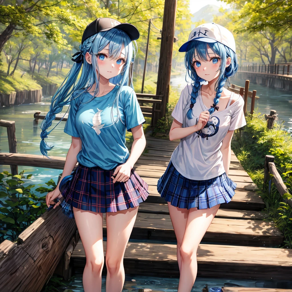 Blue hair、blue eyess、Braids、one good looking girl、独奏、animesque、Plaid miniskirt、Black T-shirt、camisole、the woods、Wearing a plaid baseball cap、bare-legged、Tilting your face、Walking、Crossing a log bridge while keeping balance、Doing the ribbon、have a twig、climbing the wooden stairs、falls、Blue Topaz、Sunset sky、Wearing headphones