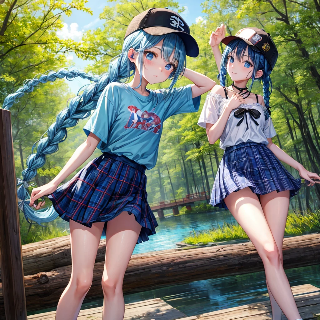 Blue hair、blue eyess、Braids、one good looking girl、独奏、animesque、Plaid miniskirt、Black T-shirt、camisole、the woods、Wearing a plaid baseball cap、bare-legged、Tilting your face、Walking、Crossing a log bridge while keeping balance、Doing the ribbon、have a twig、climbing the wooden stairs、falls、Blue Topaz、Sunset sky、Wearing headphones