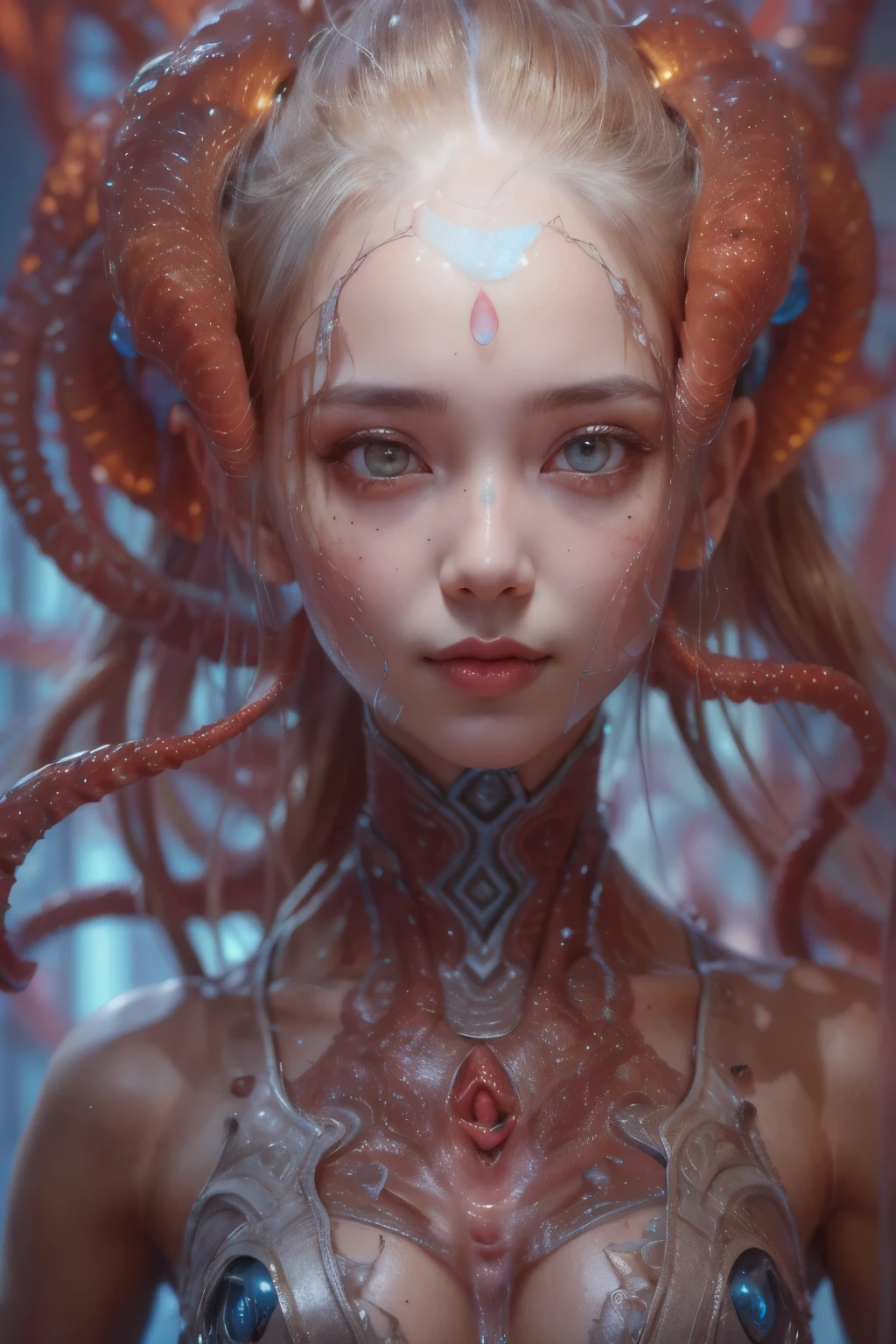 Portrait, (1 beautiful female alien:1.2), ((There is a female genital-like organ in the middle of the forehead:1.9)), (The most beautiful face in the history of the universe:1.2), (Scarlet eyes that shine mysteriously:1.6), (Translucent skin:1.8), an evil gaze that seduces, (red eyes:1.5), (large mouth:1.1), sharp teeth like a shark, Full body like, (bio luminescent:1.2), (Smile wickedly:1.3), (sexypose:1.5), alien, No humans, cells are fused, (Lots of translucent tentacles:1.1) (Translucent skin:1.3), extraterrestrial, cell, bio image, Best Quality, 8K,4K_quality, High Definition, Dramatic Lighting, masutepiece:1.5,cinematic quality, detail up, (Intricate details:1.2), High resolution, High Definition, drawing faithfully, (Thick eyebrows:1.2), Beautiful eyes with fine symmetry, (Ultra detailed eyes:1.2),(Highly detailed face and eyes:1.2), (High-resolution red-eye:1.4), Intimate face, (Super detailed skin quality feeling:1.4), Perfect Anatomy, (Beautiful toned body:1.5), (Moist skin:1.2), No makeup, (dark circles:1.1), long canines, cinematic drawing of characters, ultra high quality model, cinematic quality, detail up, (Intricate details:1.2), High resolution, High Definition, drawing faithfully, Official art, Unity 8K wall , 8K Portrait, Best Quality, Very High resolution, ultra detailed artistic photography, midnight aura, unreal enginee 5, Ultra Sharp Focus, art by alberto seveso, ArtGerm, Roisch, intricate artwork, best quality, masutepiece, ultra High resolution, (photos realistic:1.4), Ultra-realistic realism, dream-like, nautilus, Creation of fantasy, Snail, Dream Snail, (biopunk nautilus:1.3), Thrilling color schemes, Ultra-realistic realism, seductively smiling, Blue tentacles, Creatures that mimic humans