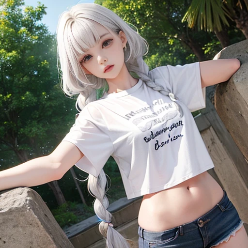 a girl with platinum hair, curly hair, double braids, serious expression, very short t-shirt, thin white t-shirt, t-shirt without prints, wet t-shirt, translucent fabric, visible belly, very short black miniskirt, open on the side.