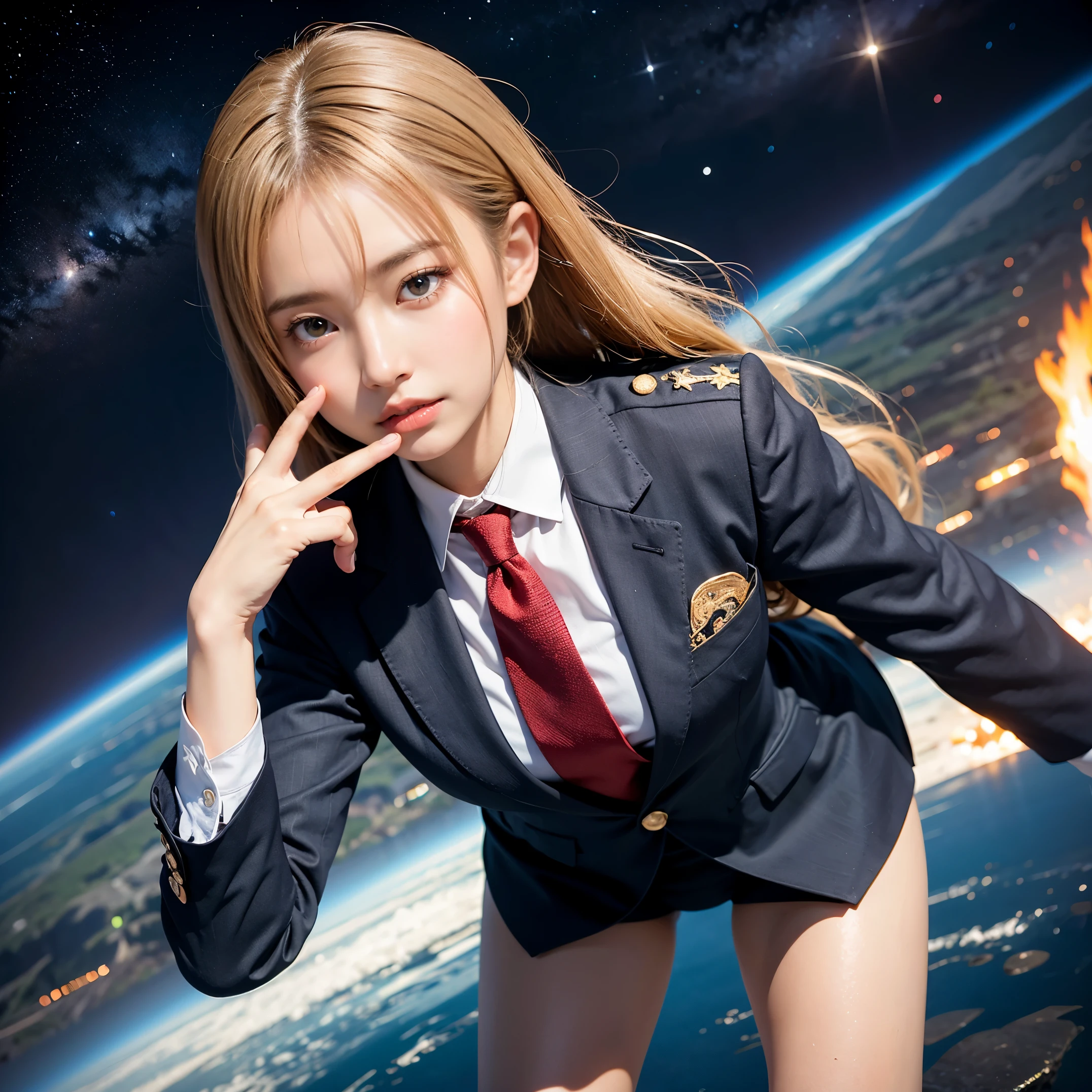 (masutepiece, Best Quality:1.2), 8K, Official art, Surprised expression、put one's hand over one's mouth、Wearing a suit、Gesture of removing tie、You can see the chest、Rough image of a girl in uniform holding a globe, official artwork, portrait anime space cadet girl, with earth, girl in space, Space High School, Space Girl, planetes, Trending on CGSTATION, 太陽系外planetes, Official art, Mar Planet, beautiful anime high school girl, sakimichan, planetesの隣に浮かぶ, in intergalactic japan、Five Fingers Photos&#39;Body of, full body Esbian、Suit Beauty、Big Dipper in the background、star explosion、A dark-hairedの美しい裸足の女性, hold a flame in your right hand、tie a tie with your right hand、Turn your face up、looking-down、cool expression、明るい溶岩の光が小planetes帯の下から壊れた地球の上に昇る(Jagged rock rocks and fragments shot into the air:1.3) (Storm of windy dust debris:1.1) Volume fogmist by trace Z、It can allow bright light from below to pass through、 (​masterpiece) (top-quality) (detaileds) (8K) (电影灯光) (foco nítido) (Convoluted)A dark-haired、14years、small tits、A delightful、A smile、unbelievable Ridiculous, (a beauty girl, Pretty Face, arching back down, Gold hair ornament on hair、wearing a suits、close up, Wearing a suit, Short sleeve, gardenia, violaceaess, spaces , Looking at Viewer, Film grain, chromatic abberation, オッパイfoco nítido, face lights, Dynamic lighting, Cinematic lighting, detailedsな目と顔, (Gray tie、1 copy:1.2)