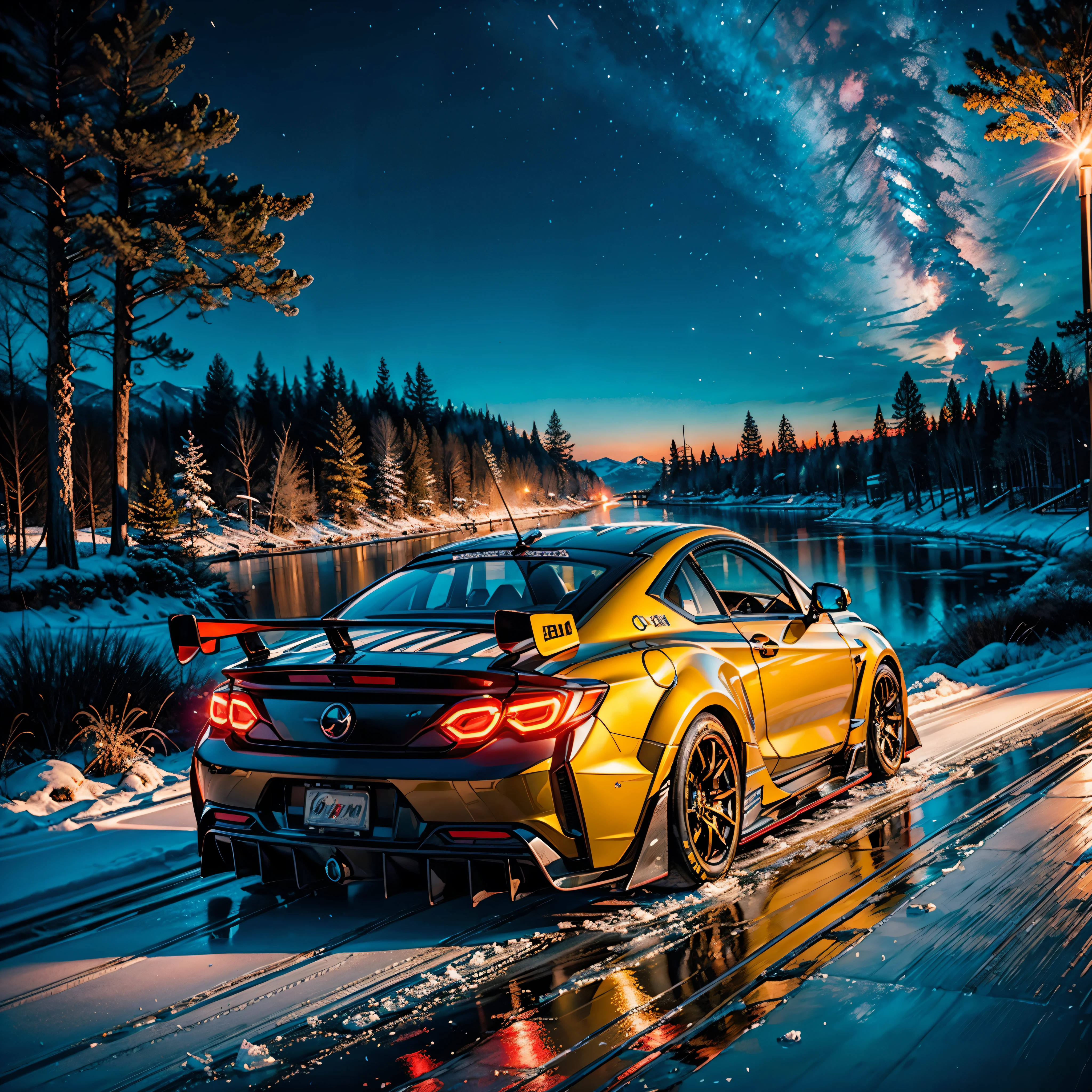 spacious stunning nebula vibrant hues ethereal interstellar sparks curiosity birth evolution stars Sun SunShine sunset ultra sunrise Josan_Gonzalez_style visual_impact street_traffic_jam racing_full_shot spacious_road race_scene multi-racing Gaol Racer Auto_Racing_Circuit Race_Track deep path Equirectangular_360 street UnrealEngine5 Ultra Masterpiece Cinematic_sunlight ultra_Photo-realistic optimal ultra_high-quality opengl-shaders ultra_high-details accurate reflex ultra_high-res perfection volumetric lightning improved Octane_rendues ultra_high-def UHD XT3 DSLR HDR 3dcg shadow analogiques extatiques symmetrical dazzling Will-o'-the-wisp global luminescence (((An boatmobile inspired ultra-realistic angelic neon metallic black silver and gold chrome race car designed on a icy surface road with snow falling and deep snow covers the ground and everything all around ))), best quality, ultra-detailed), race car, street racing-inspired, Drifting, LED, ((Twin headlights)), (((Bright neon color racing stripes Cristallines kit incandescente flash blow glow))), (Black racing wheels), Wheel spin showing motion, Show car in motion, Burnout, wide body, modified car, racing livery Lava varied multi etc. --s 1000 --c 20 --q 20 --chaos 100