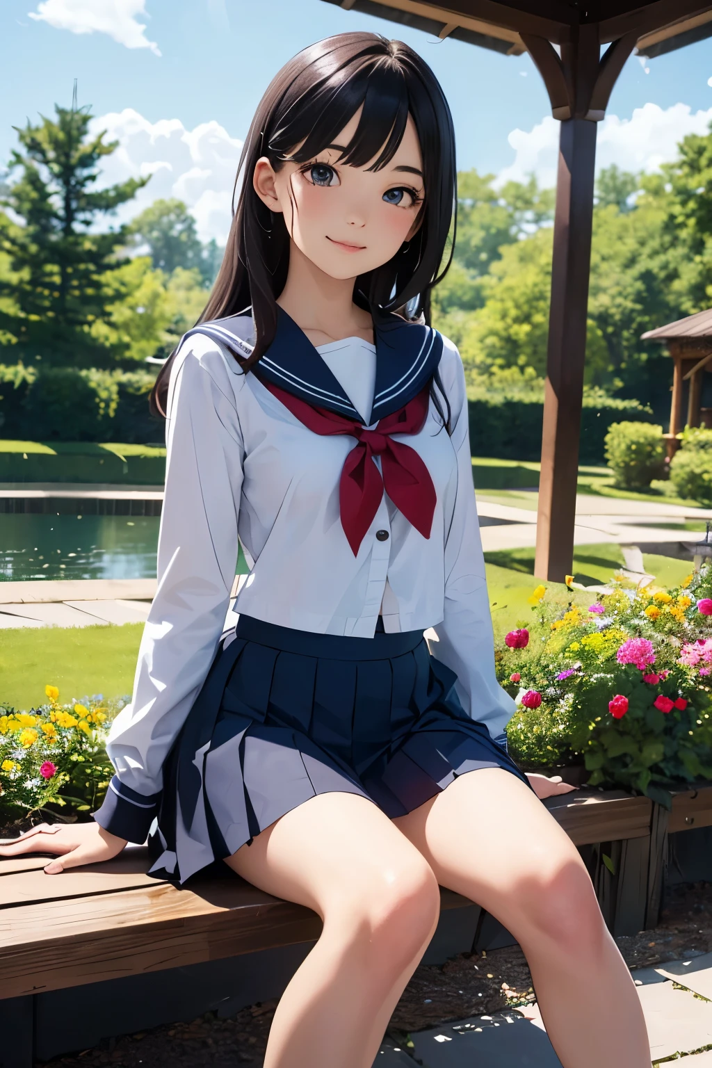 very cute and beautiful school girl,teen,(highly detailed beautiful face and eyes:1.2), smile,looking at viewer,black hair,(sailor school uniform),(pleated navy blue mini skirt), sitting on wooden bench in elegant gazebo,flower garden,pond view,forest,dynamic angle, (best quality,masterpiece:1.2),intricate details,extremely detailed, 8k resolution,ultra-detailed,solo,hair fluttering in the wind,beautiful detailed sky,