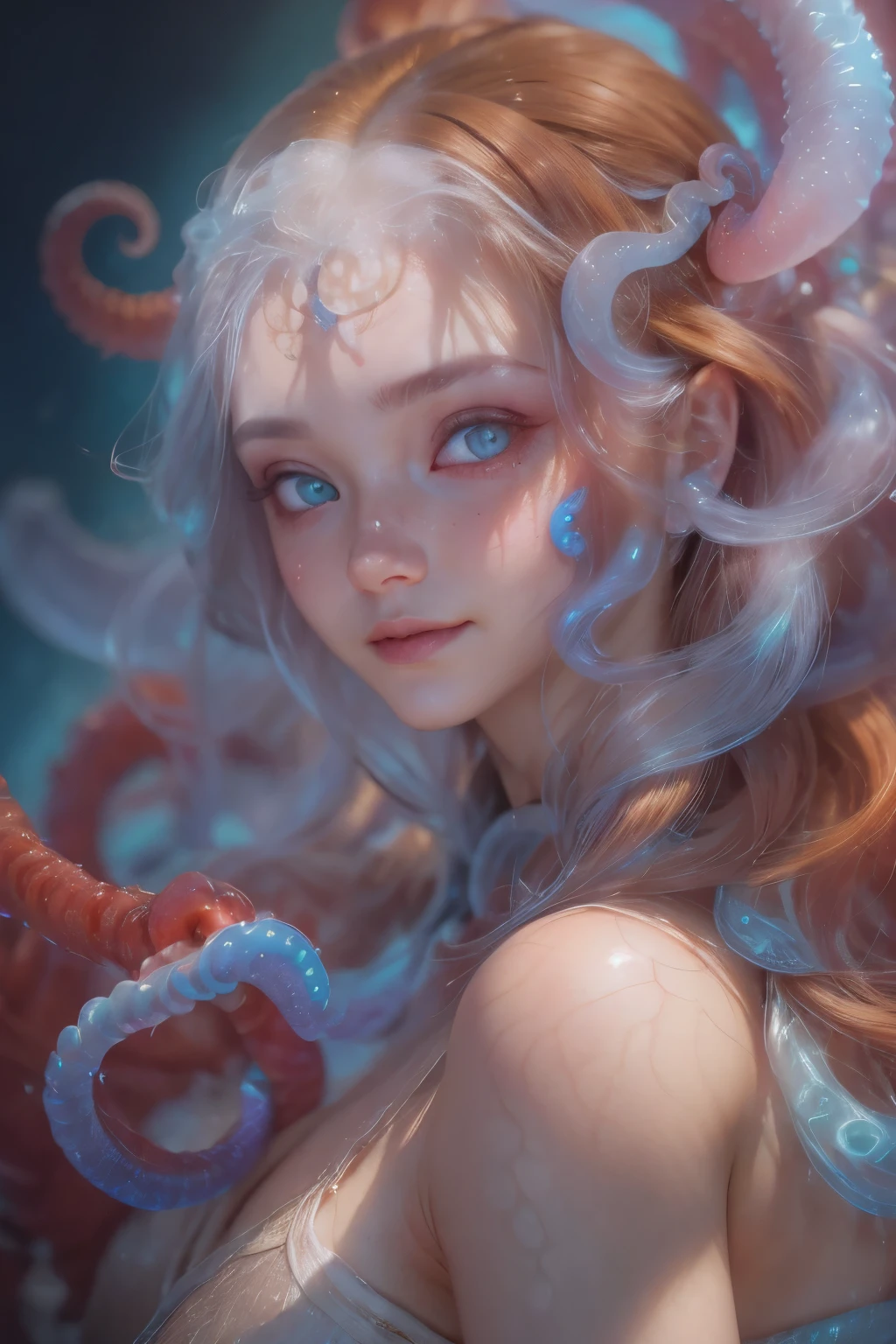 Portrait, (1 beautiful female alien:1.2), ((There is a female genital-like organ in the middle of the forehead:1.9)), (The most beautiful face in the history of the universe:1.2), (Scarlet eyes that shine mysteriously:1.6), (Translucent skin:1.8), an evil gaze that seduces, (red eyes:1.5), (large mouth:1.1), sharp teeth like a shark, Full body like, (bio luminescent:1.2), (Smile wickedly:1.3), (sexypose:1.5), alien, No humans, cells are fused, (Lots of translucent tentacles:1.1) (Translucent skin:1.3), extraterrestrial, cell, bio image, Best Quality, 8K,4K_quality, High Definition, Dramatic Lighting, masutepiece:1.5,cinematic quality, detail up, (Intricate details:1.2), High resolution, High Definition, drawing faithfully, (Thick eyebrows:1.2), Beautiful eyes with fine symmetry, (Ultra detailed eyes:1.2),(Highly detailed face and eyes:1.2), (High-resolution red-eye:1.4), Intimate face, (Super detailed skin quality feeling:1.4), Perfect Anatomy, (Beautiful toned body:1.5), (Moist skin:1.2), No makeup, (dark circles:1.1), long canines, cinematic drawing of characters, ultra high quality model, cinematic quality, detail up, (Intricate details:1.2), High resolution, High Definition, drawing faithfully, Official art, Unity 8K wall , 8K Portrait, Best Quality, Very High resolution, ultra detailed artistic photography, midnight aura, unreal enginee 5, Ultra Sharp Focus, art by alberto seveso, ArtGerm, Roisch, intricate artwork, best quality, masutepiece, ultra High resolution, (photos realistic:1.4), Ultra-realistic realism, dream-like, nautilus, Creation of fantasy, Snail, Dream Snail, (biopunk nautilus:1.3), Thrilling color schemes, Ultra-realistic realism, seductively smiling, Blue tentacles, Creatures that mimic humans