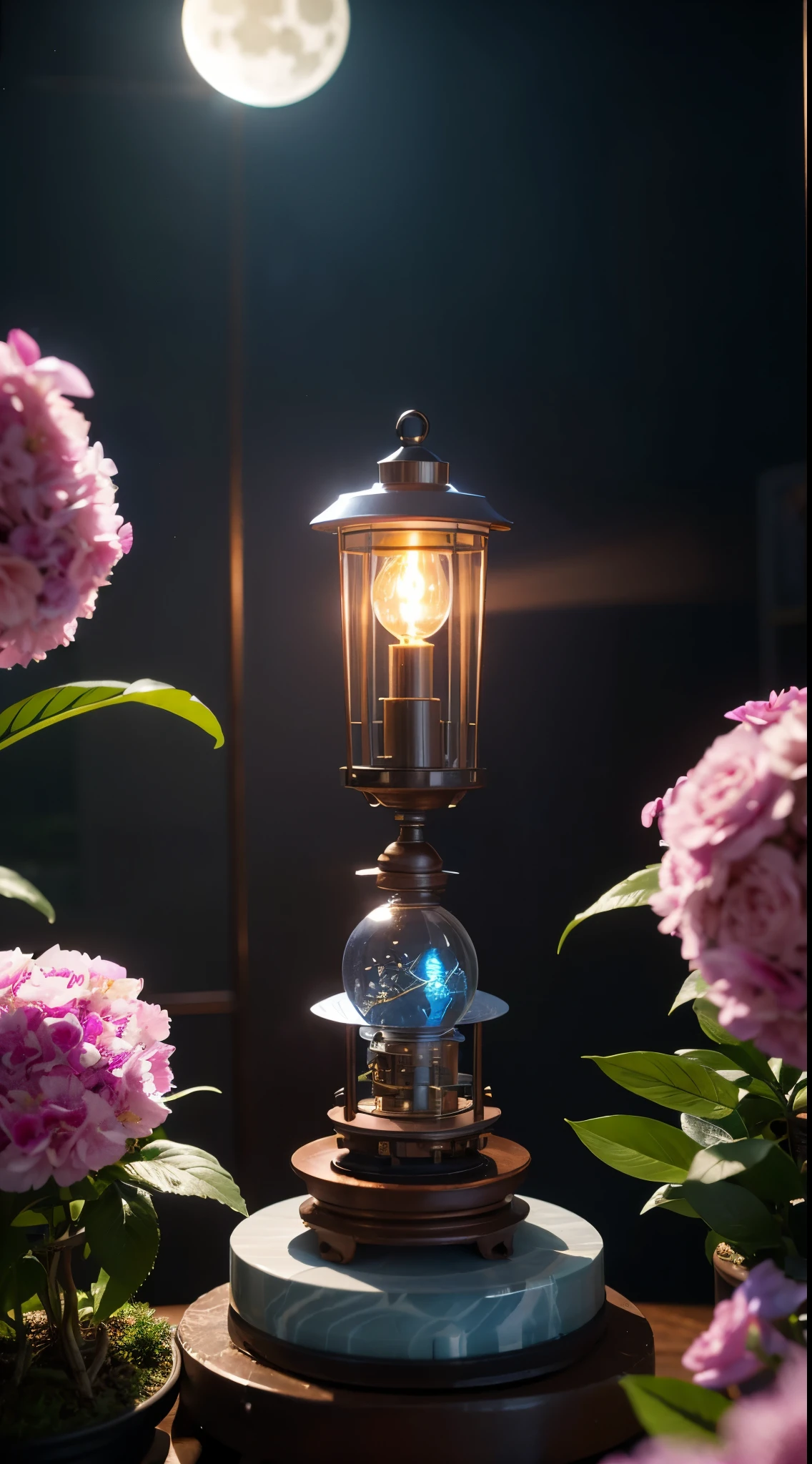 steampunk lighthouse, blue and pink bonsai tree, inside a marble, hourglass, flower garden, intricate detail, hyper detailed, ultra realistic, sharp focus, octane render, lantern candle, butterfly, volumetric, ray tracing, artstation trending, moon,, fairy cgsociety, sense of awe, swirling mist, 4k