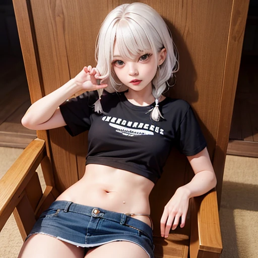 ((master piece)), (high quality), a girl with platinum hair, curly hair, double braids, serious expression, very short t-shirt, translucent white t-shirt, t-shirt without prints, wet t-shirt, translucent fabric, visible belly, very short black mini skirt , open on the side.