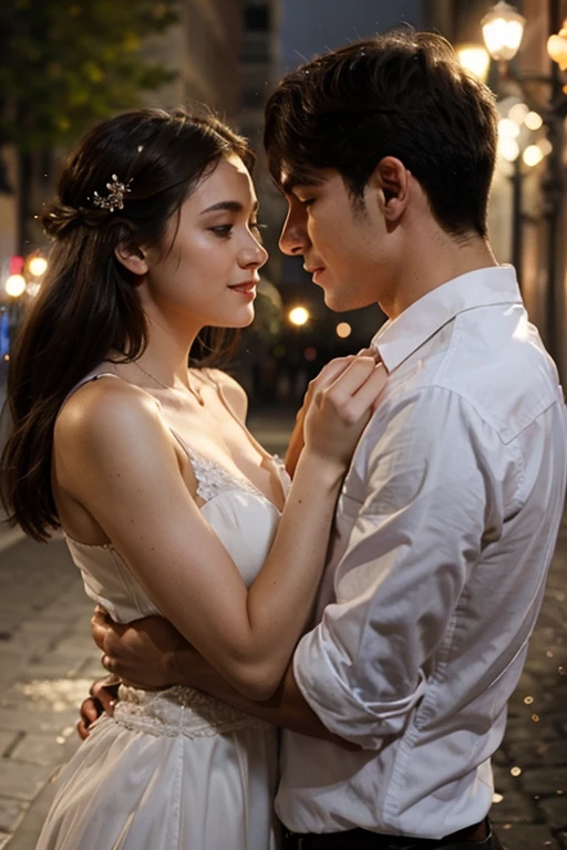 Create the image of a boy and girl in love staring at each other in the moonlight, while in the distance we see love personified defeating depression personified.